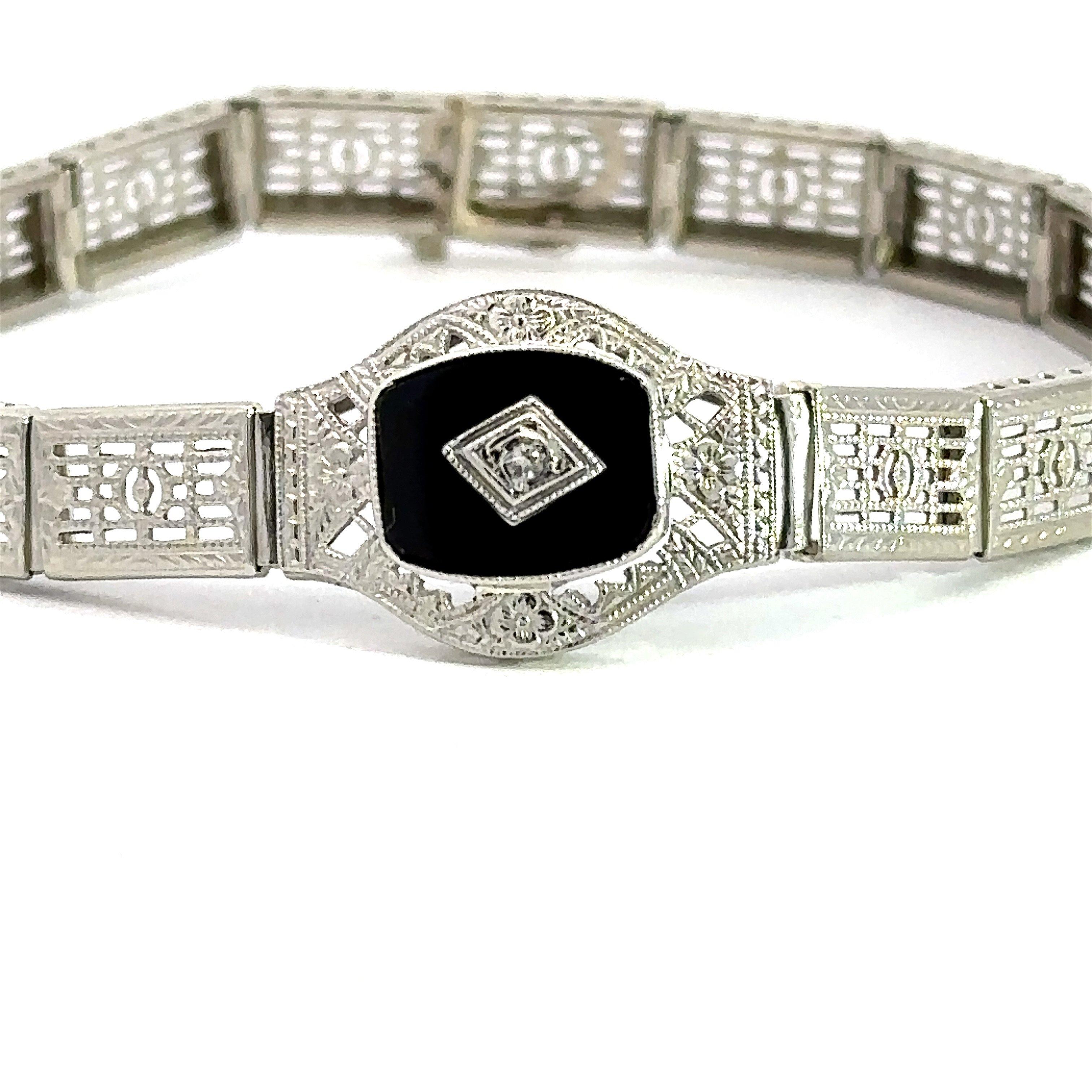 March Ostby & Barton Bracciale in onice e diamanti in oro bianco 14KT Vintage Art of Vintage in vendita 7