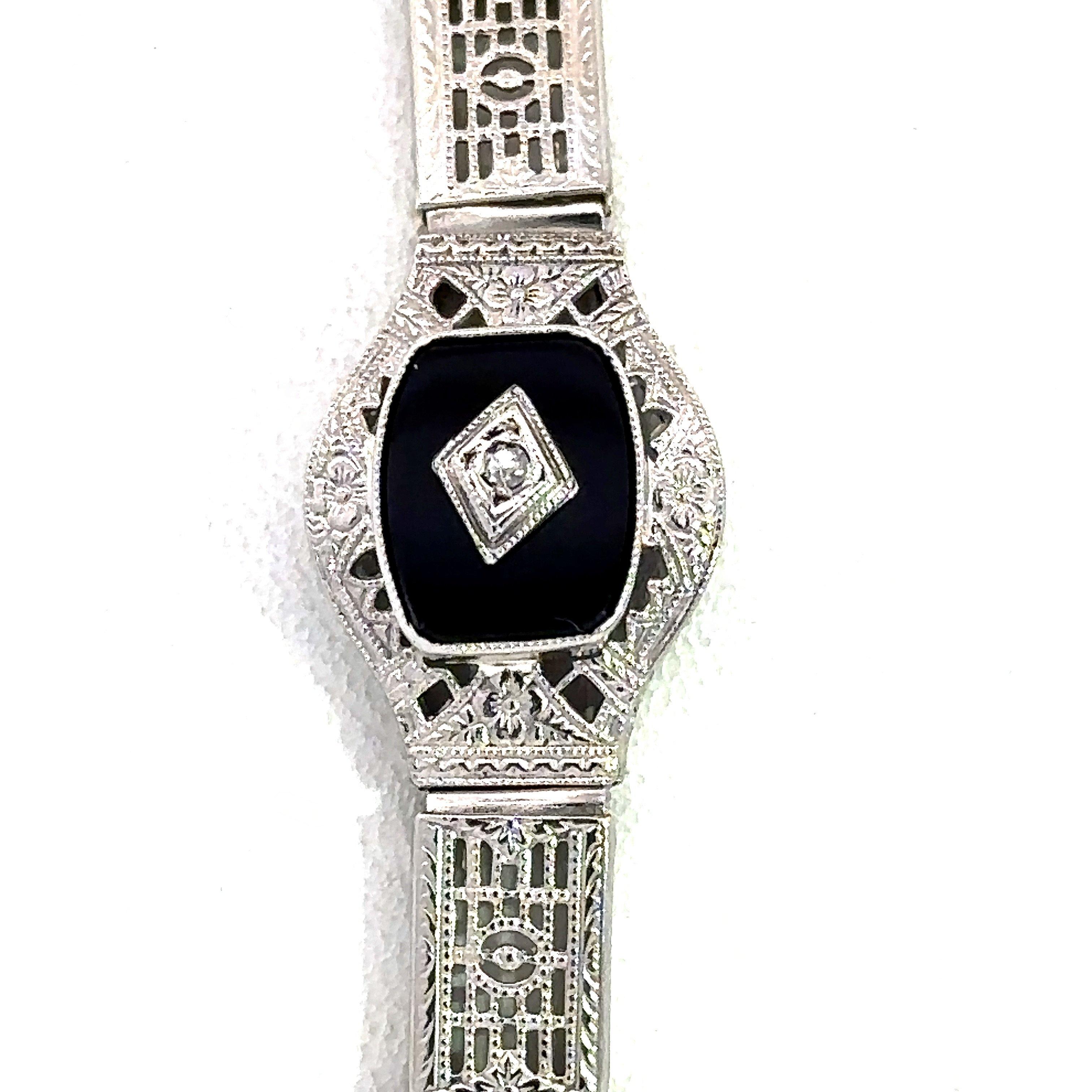 March Ostby & Barton Bracciale in onice e diamanti in oro bianco 14KT Vintage Art of Vintage In condizioni buone in vendita a Los Angeles, CA