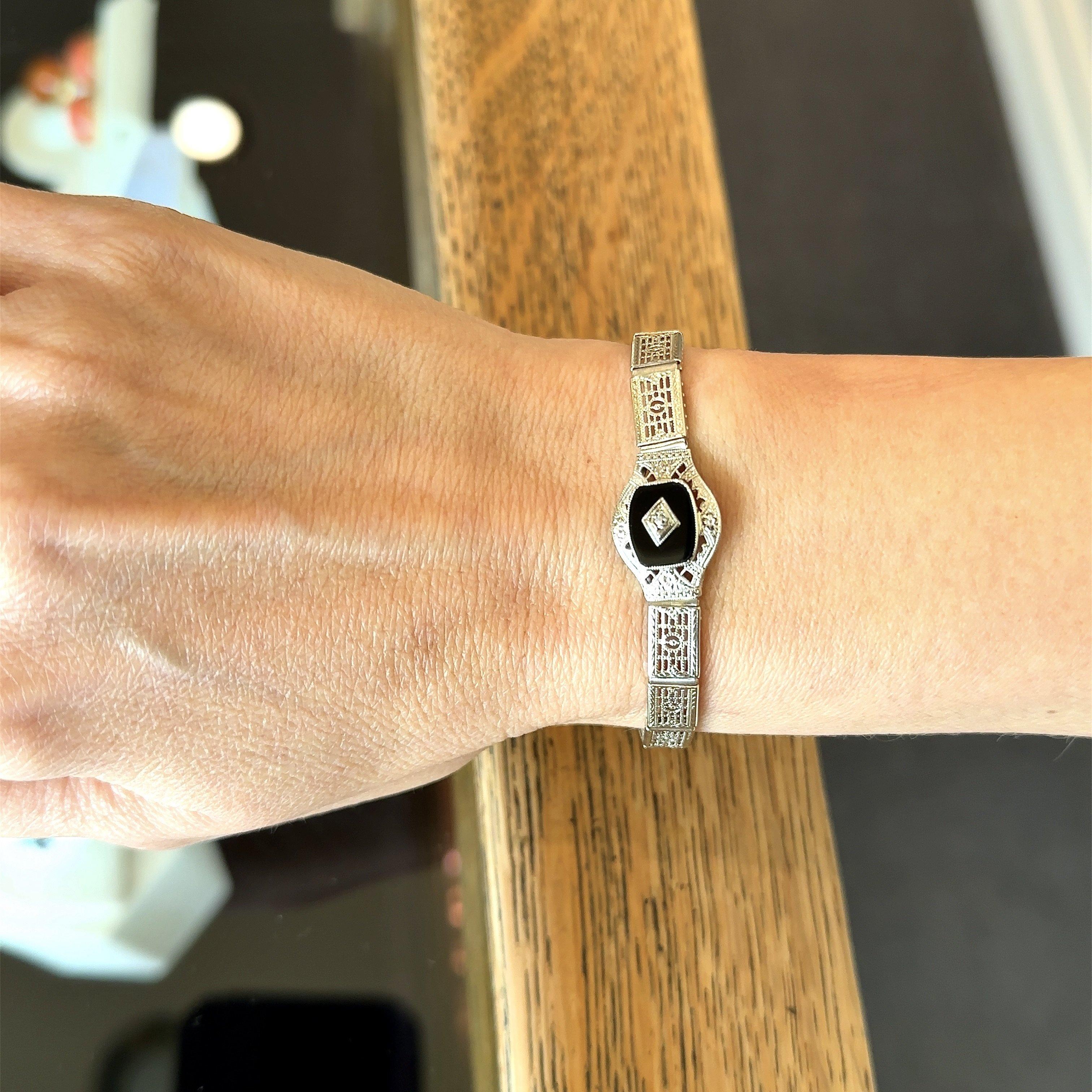 da uomo o donna March Ostby & Barton Bracciale in onice e diamanti in oro bianco 14KT Vintage Art of Vintage in vendita
