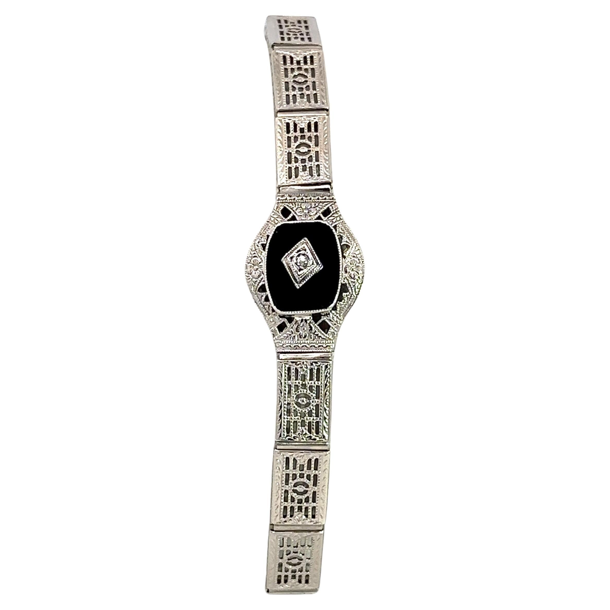 March Ostby & Barton Bracciale in onice e diamanti in oro bianco 14KT Vintage Art of Vintage in vendita 1