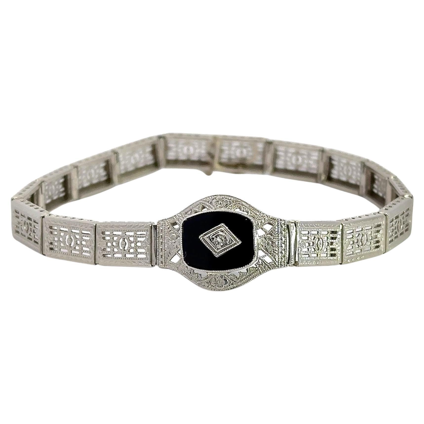 March Ostby & Barton Onyx & Diamond Oro Blanco 14KT Pulsera Art Decó Vintage