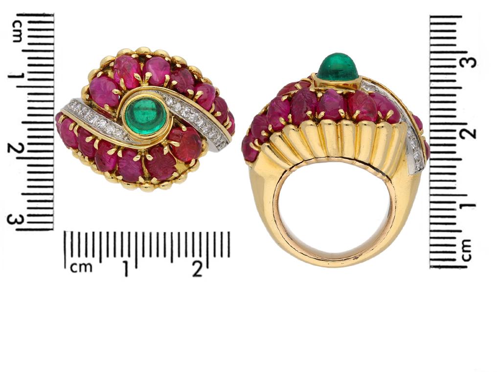 Women's Marchak Cabochon Emerald, Carved Ruby and Diamond Ring, French, circa 1950 For Sale