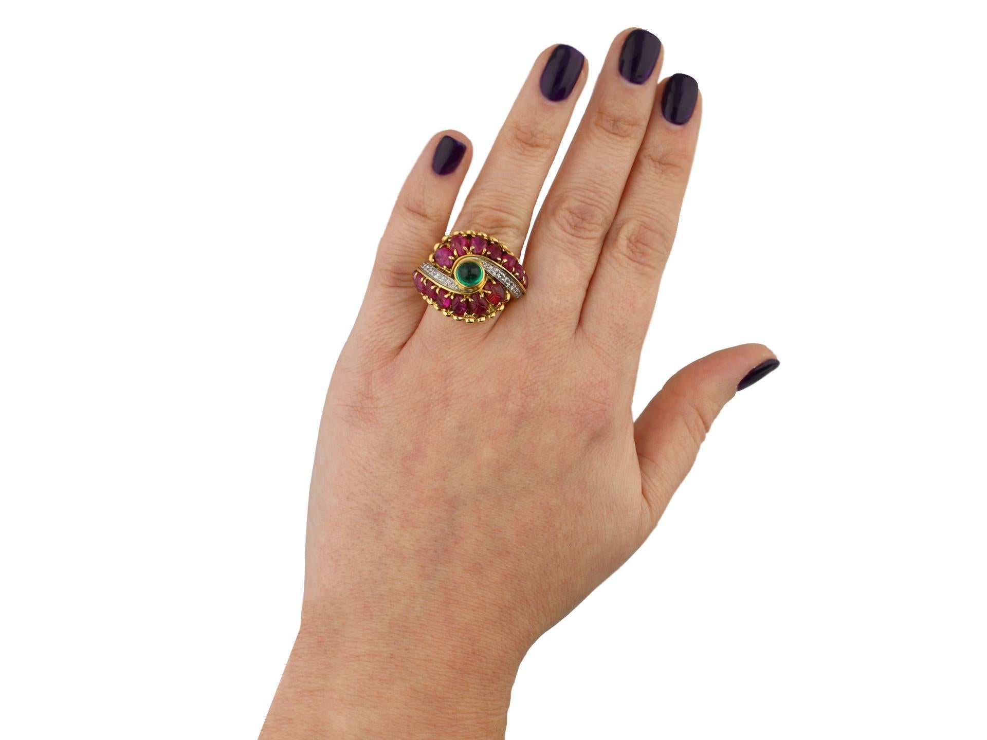 Marchak Cabochon Emerald, Carved Ruby and Diamond Ring, French, circa 1950 For Sale 1