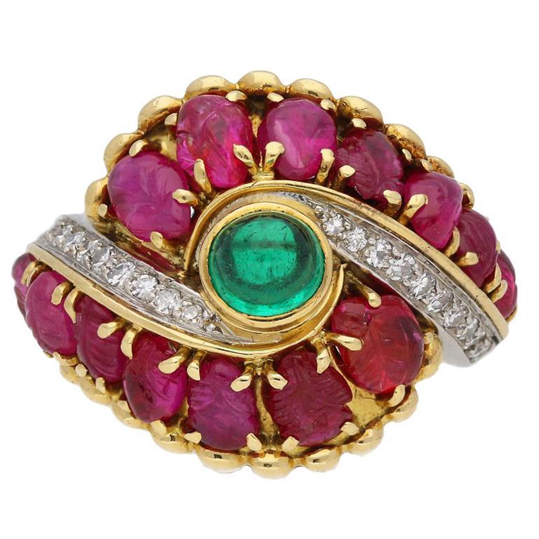 Marchak Cabochon Emerald, Carved Ruby and Diamond Ring, French, circa 1950 For Sale