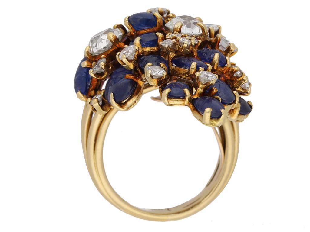 Old Mine Cut Marchak Carved Sapphire and Diamond Cocktail Ring For Sale