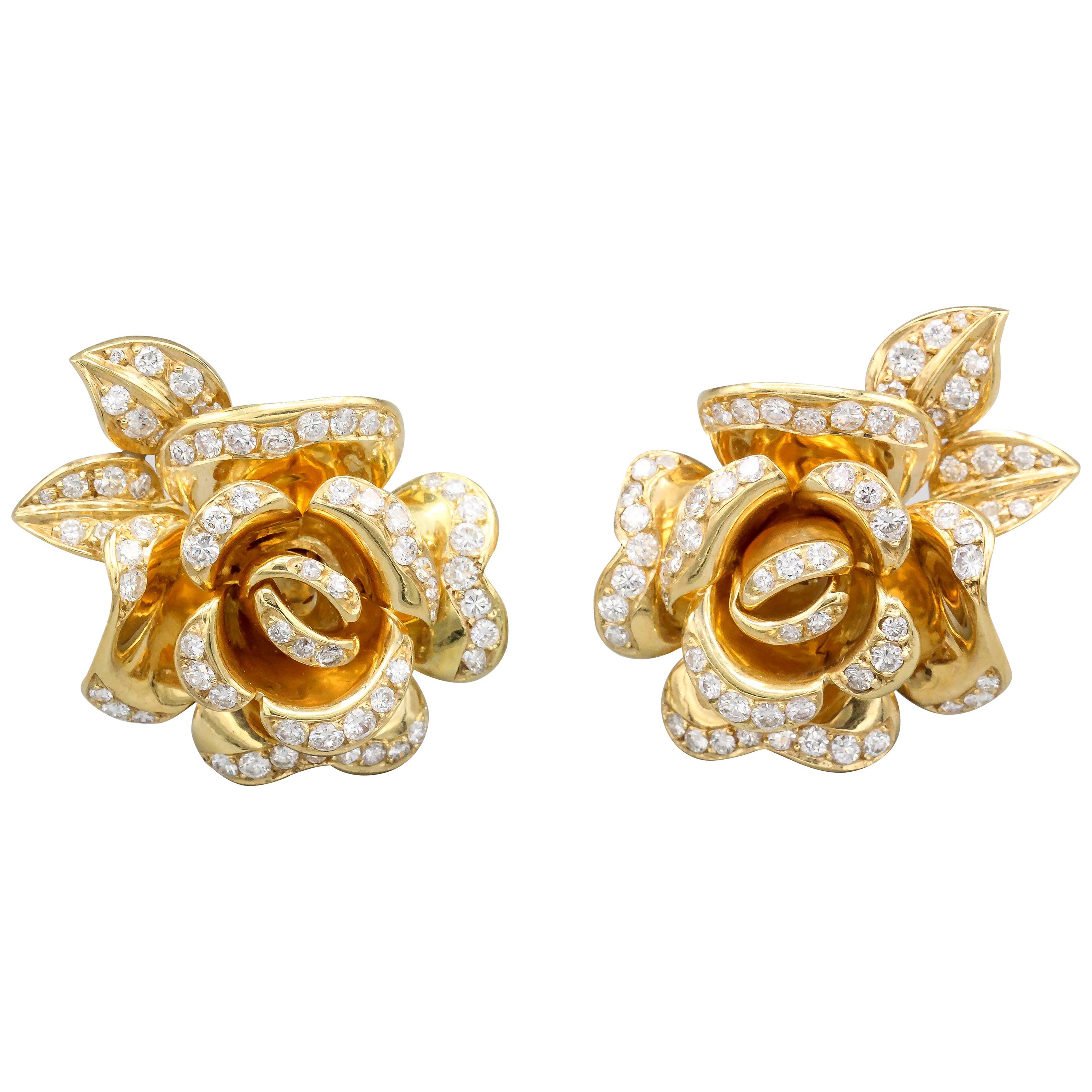 Marchak Diamond and 18 Karat Gold Rose Flower Earrings Earclips