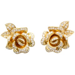 Marchak Diamond and 18 Karat Gold Rose Flower Earrings Earclips