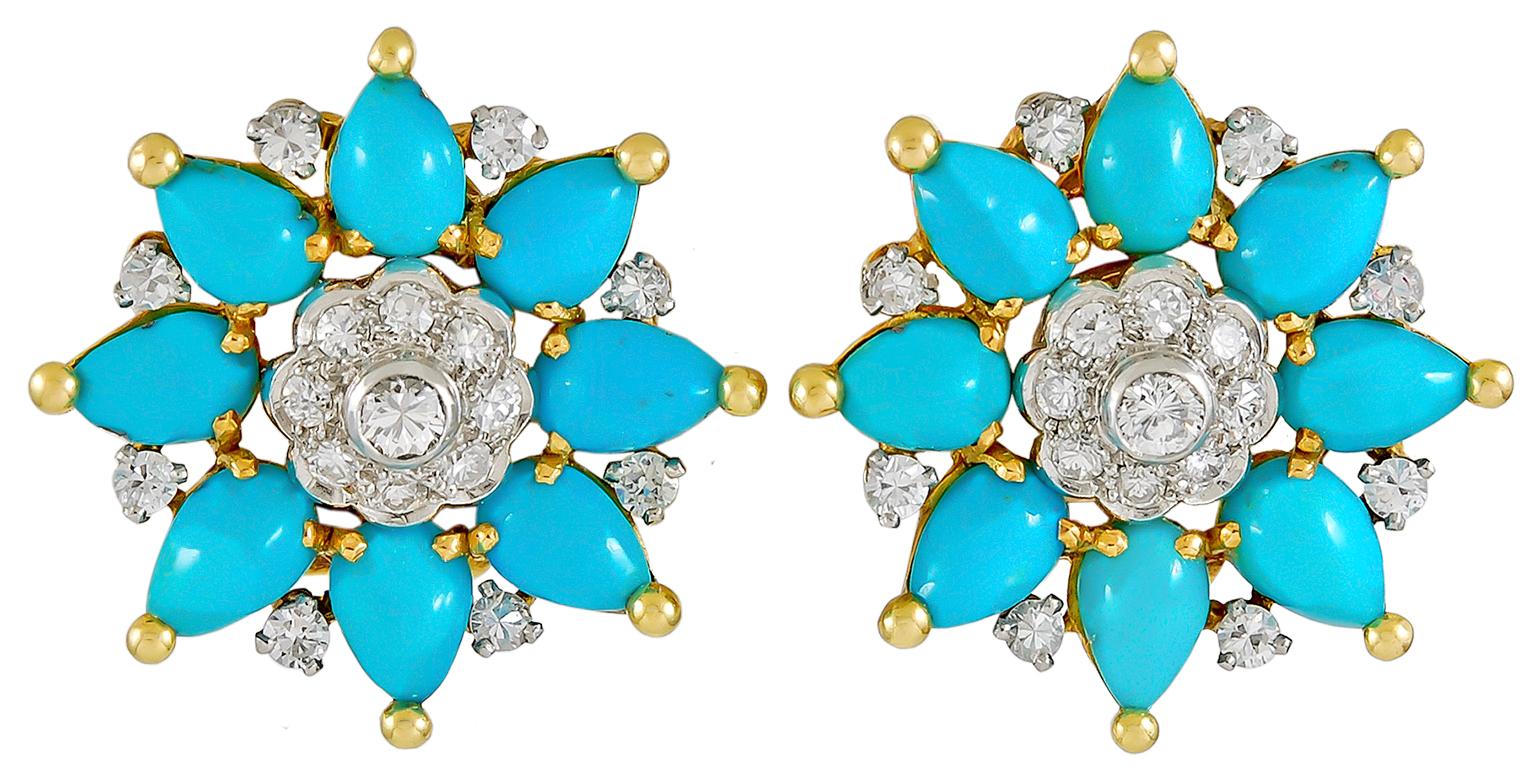 Round Cut Marchak Diamond and Turquoise Ear Clips For Sale