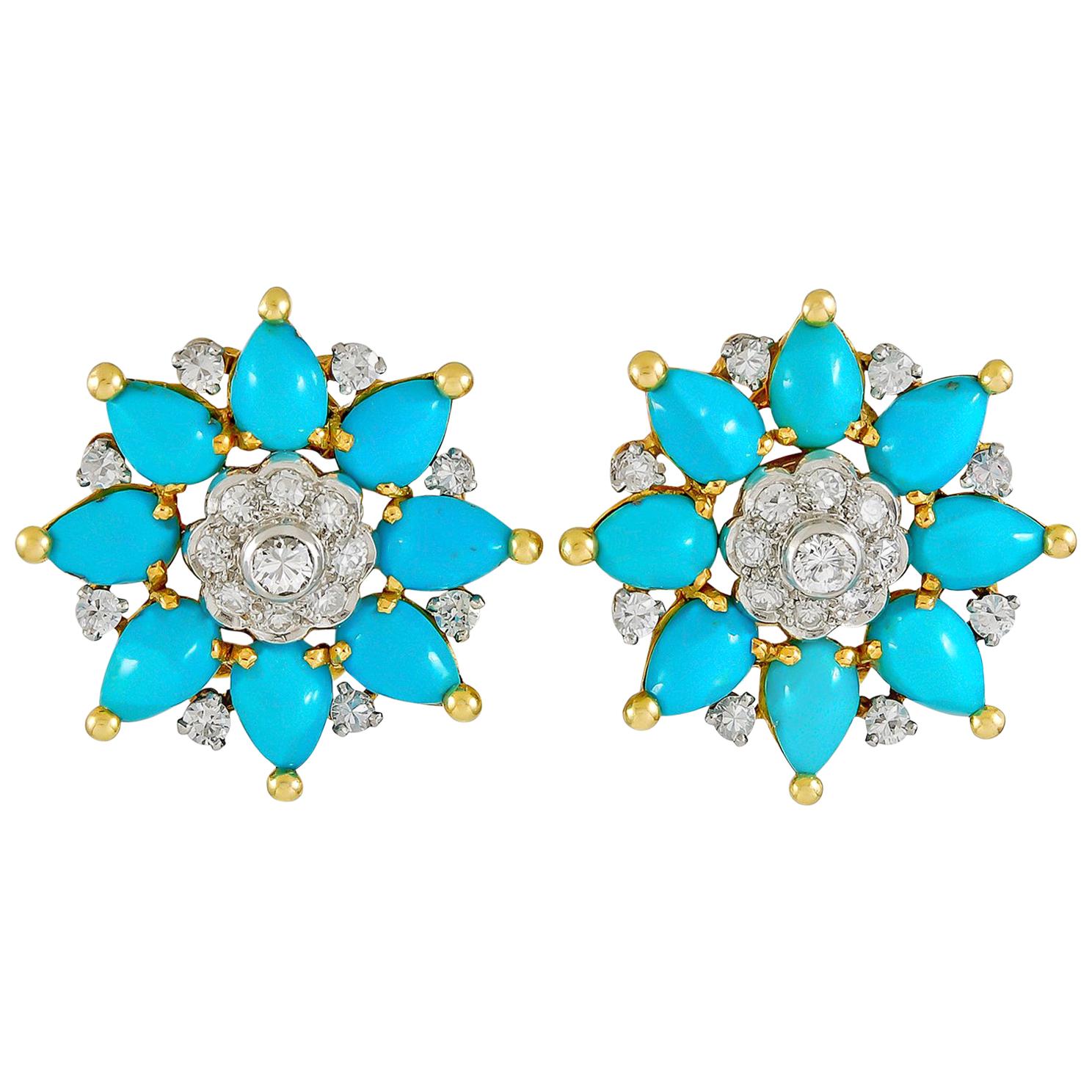 Marchak Diamond and Turquoise Ear Clips For Sale