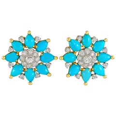 Retro Marchak Diamond and Turquoise Ear Clips