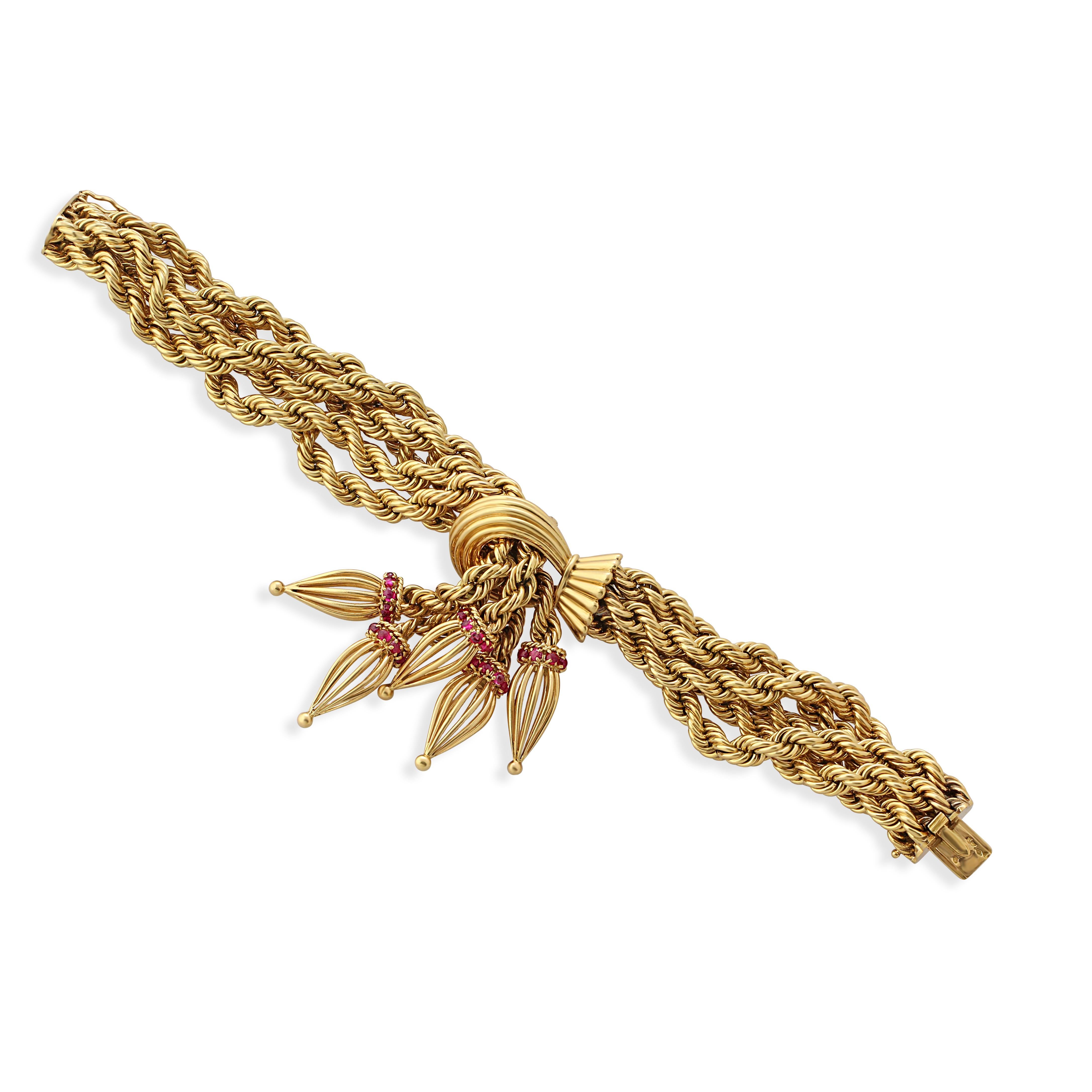 Round Cut Marchak, Gold & Ruby Tassel Bracelet For Sale