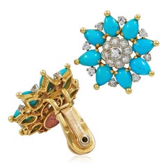 MARCHAK PARIS 18K Yellow Gold, Turquoise and Diamond Ear Clips
