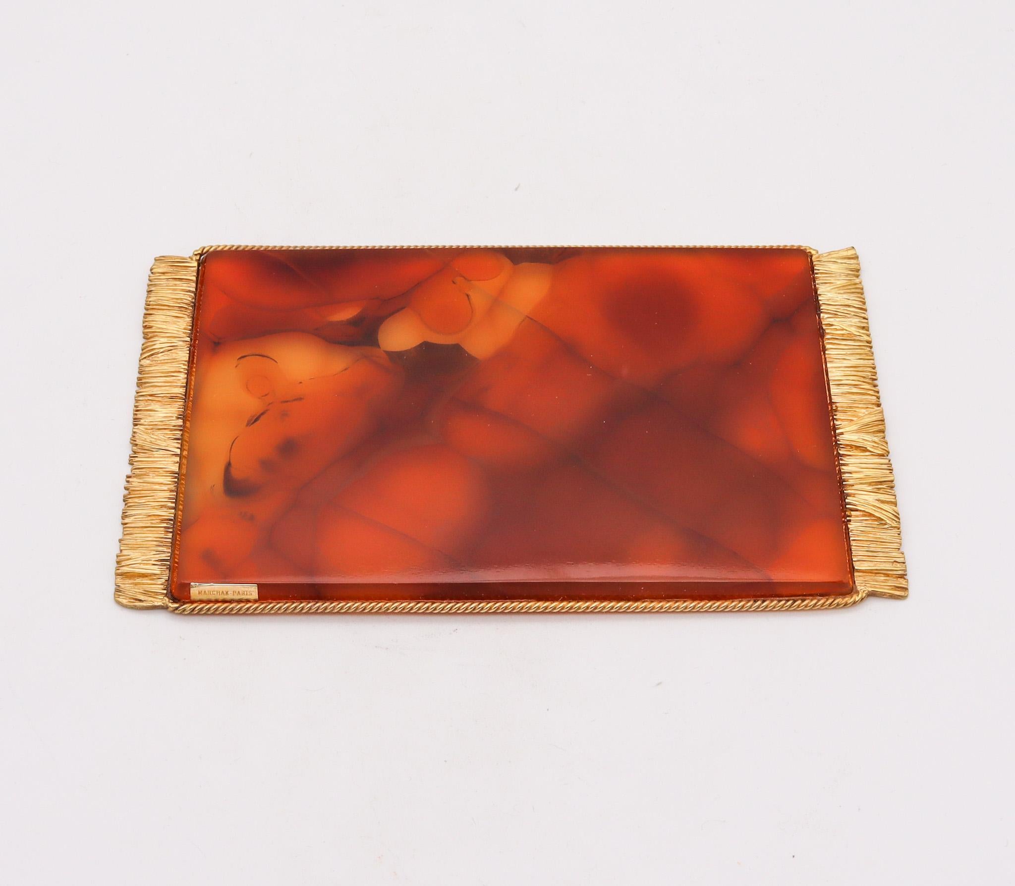 French Marchak Paris 1920 Art Deco Translucent Agate Desk Tray In Gilt Sterling Silver For Sale