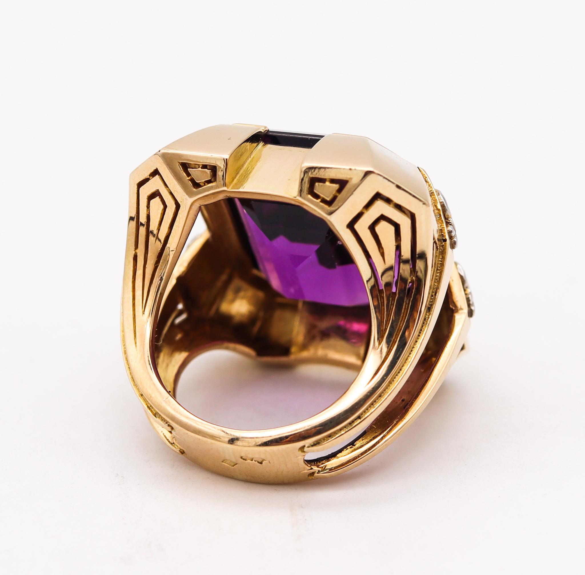Emerald Cut Marchak Paris 1930 Art Deco Geometric Ring In 18Kt Gold With 42.84 Cts Amethyst For Sale