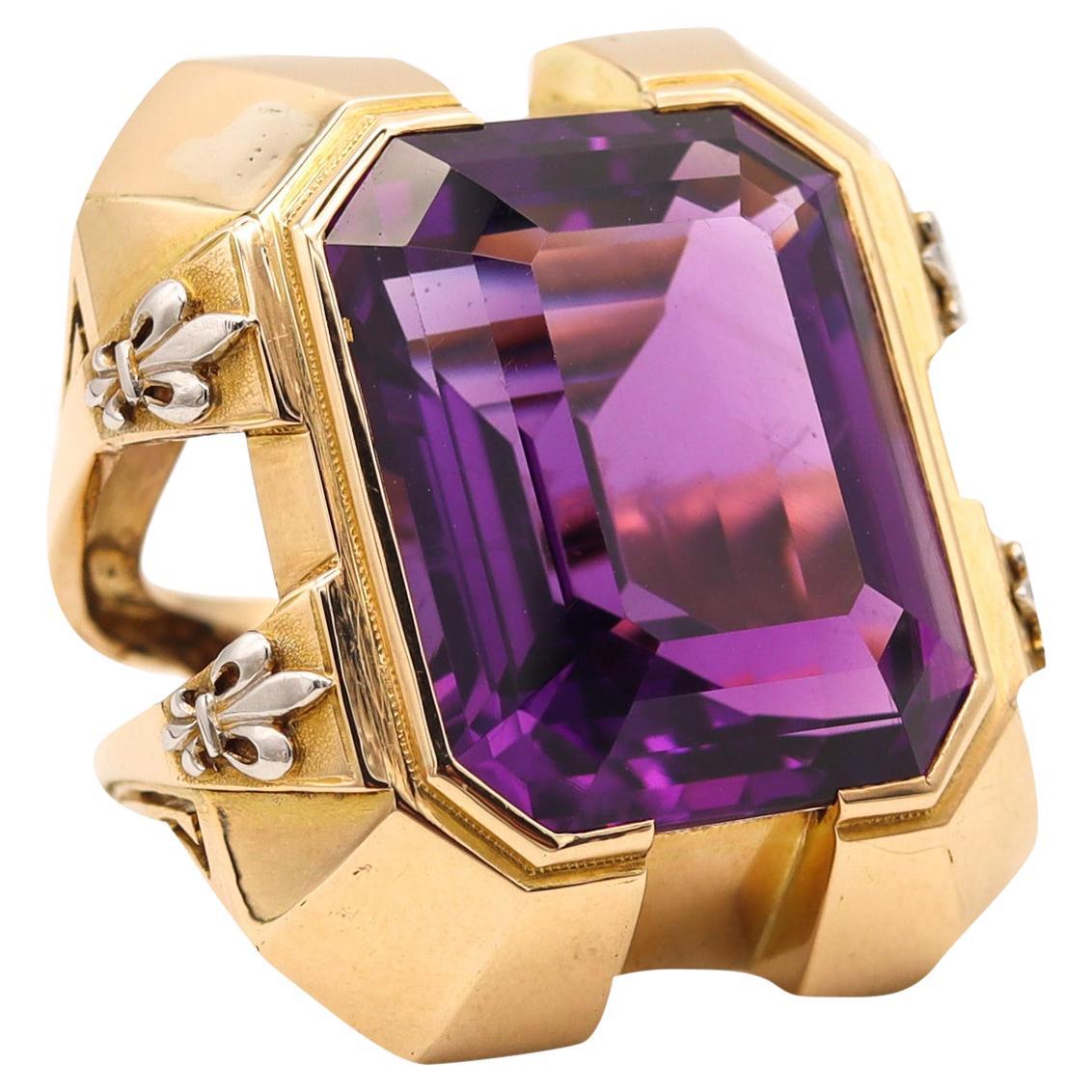 Marchak Paris 1930 Art Deco Geometric Ring In 18Kt Gold With 42.84 Cts Amethyst For Sale