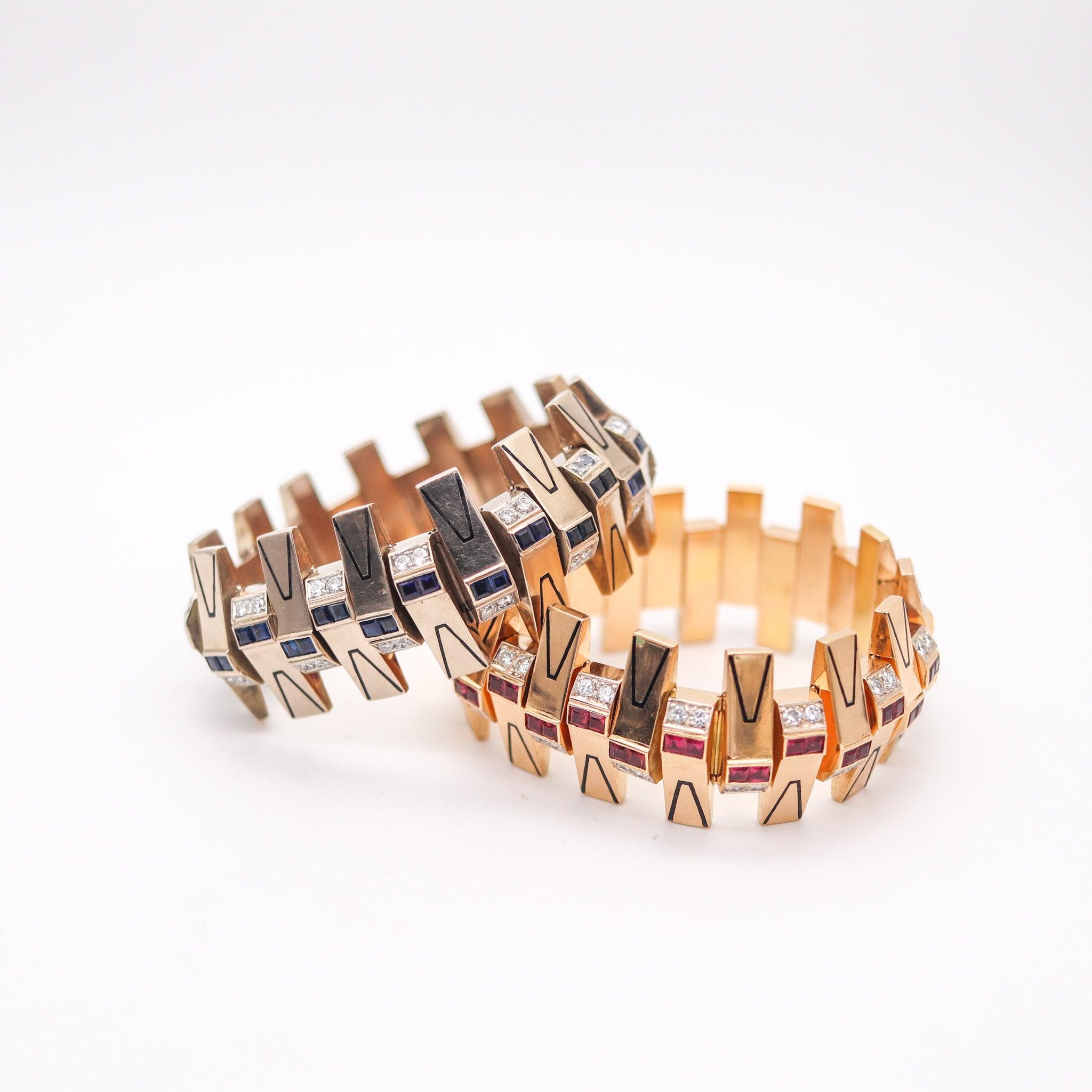 Art Déco Marchak Paris 1935 Art Deco Bracciali Duo Oro 18Kt Diamanti e Zaffiri in vendita