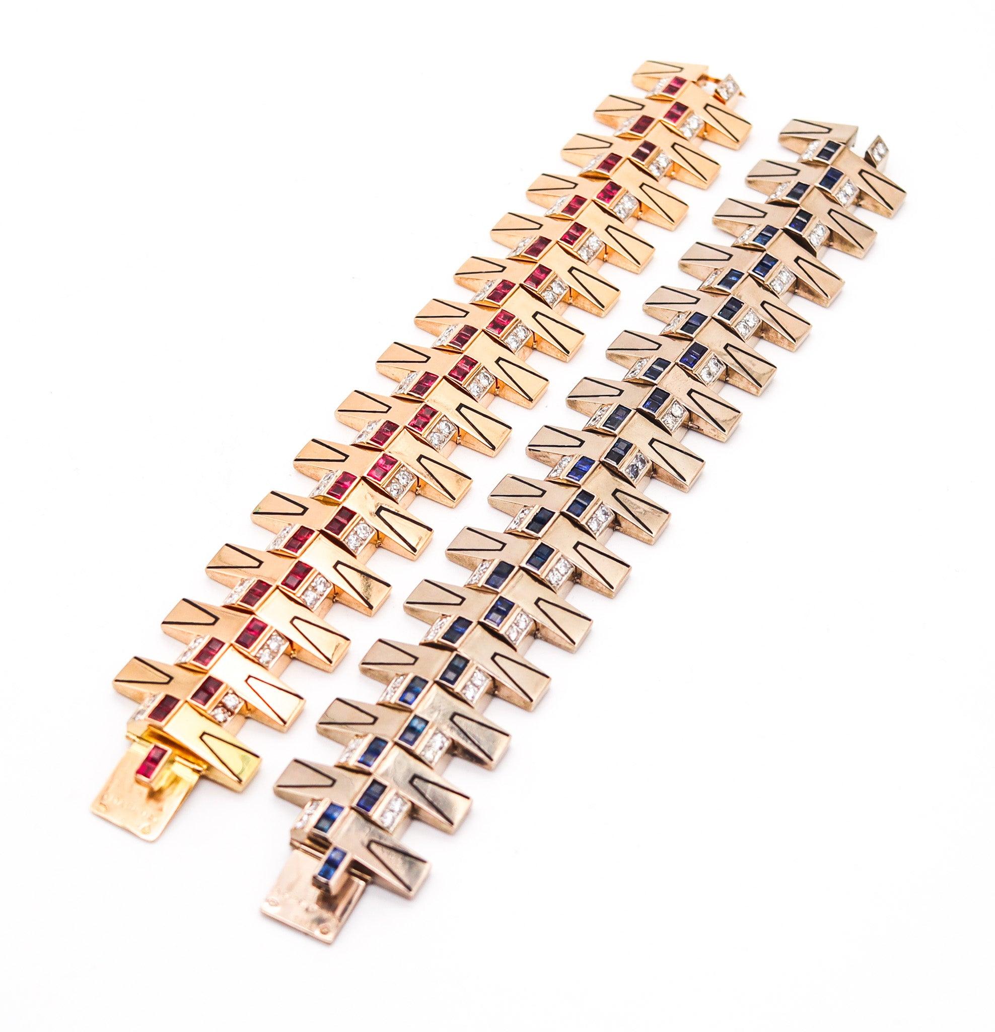 Taglio antico europeo Marchak Paris 1935 Art Deco Bracciali Duo Oro 18Kt Diamanti e Zaffiri in vendita