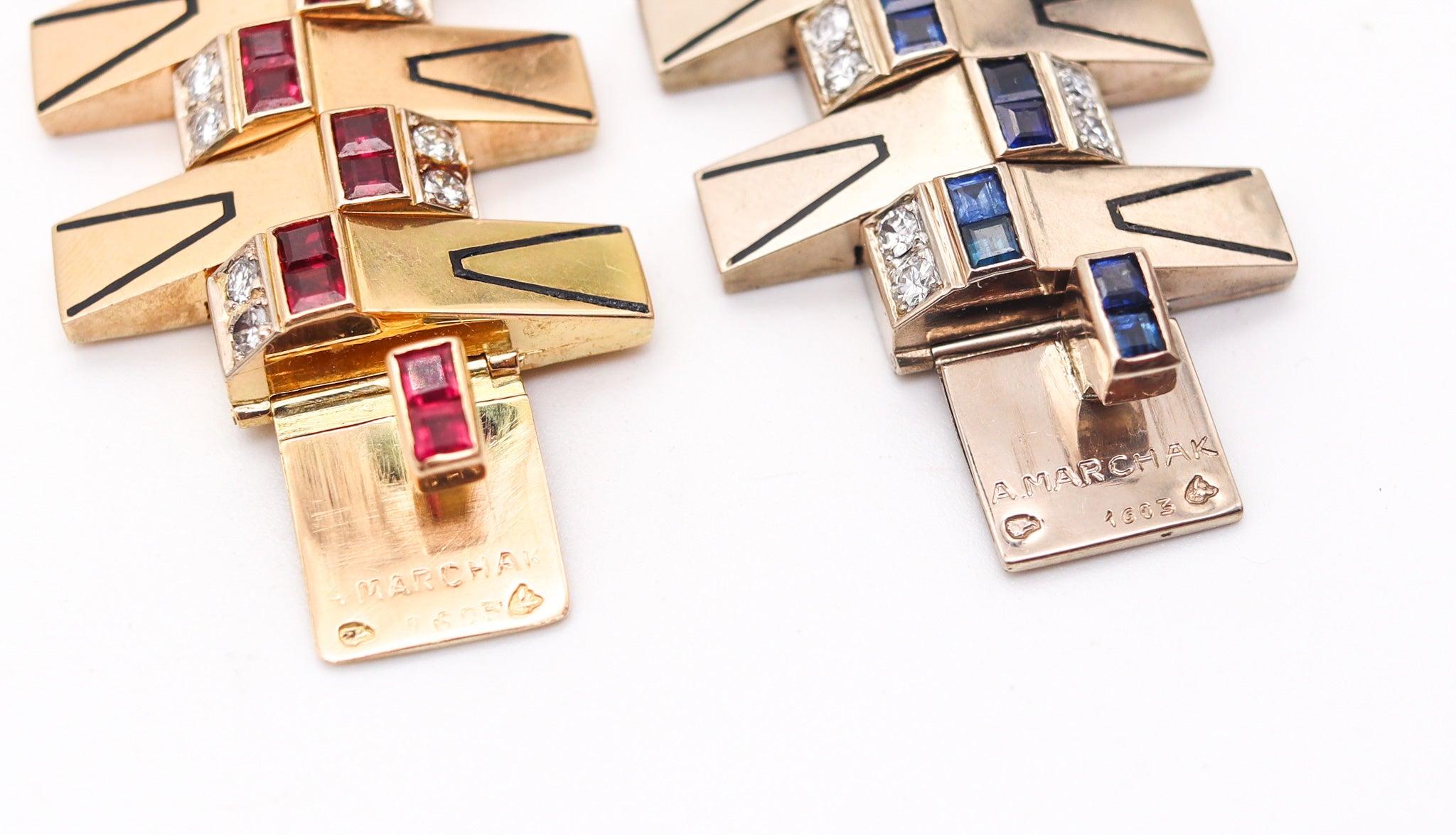 Marchak Paris 1935 Art Deco Bracciali Duo Oro 18Kt Diamanti e Zaffiri In condizioni ottime in vendita a Miami, FL