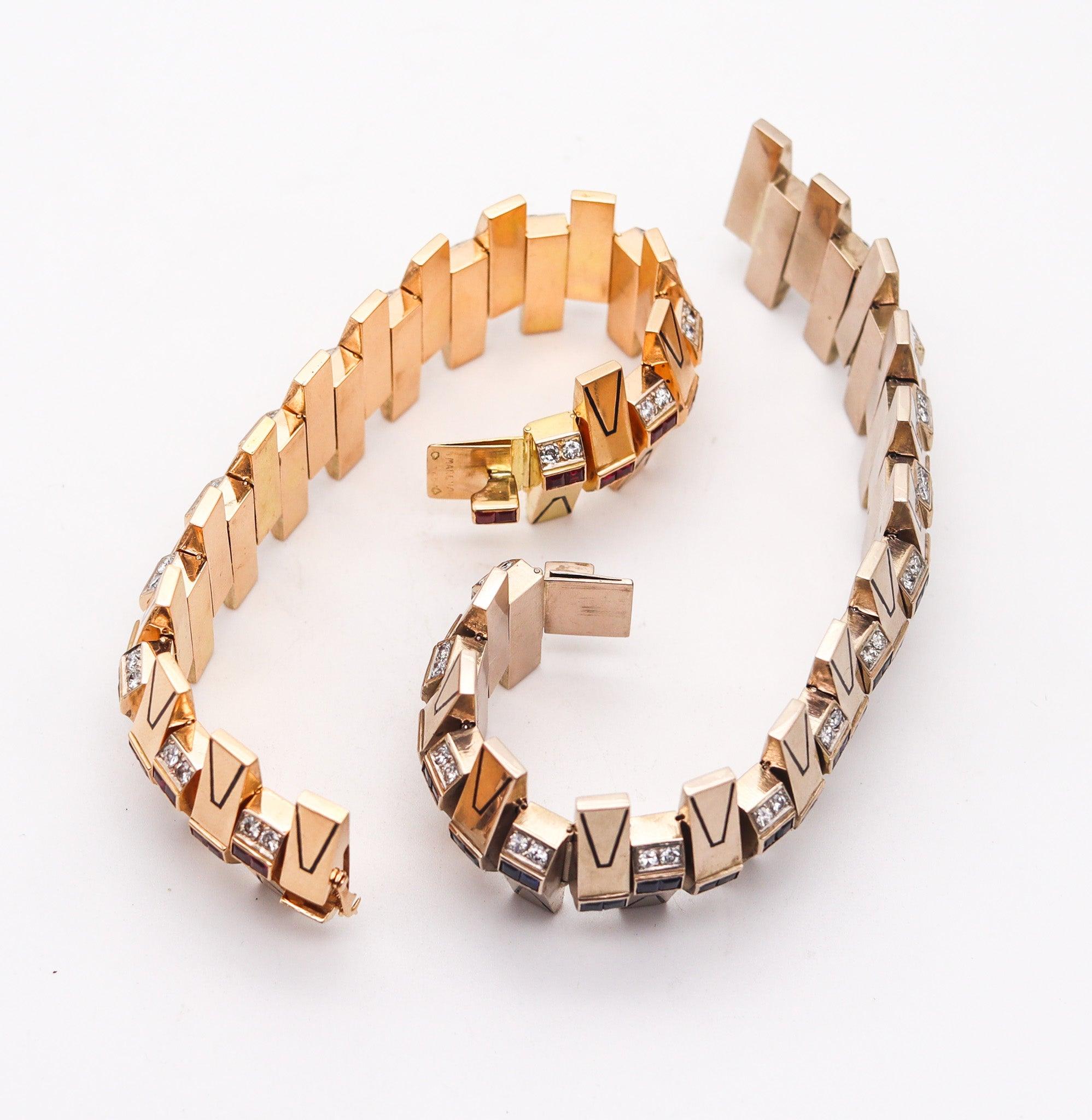 Donna Marchak Paris 1935 Art Deco Bracciali Duo Oro 18Kt Diamanti e Zaffiri in vendita