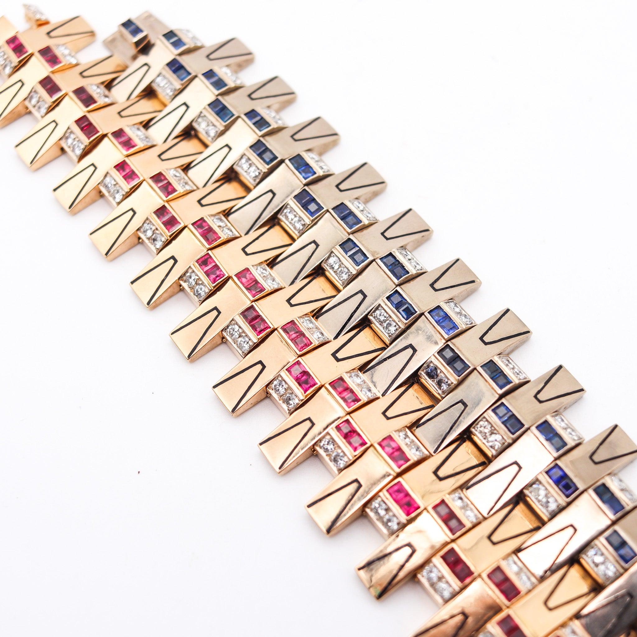 Marchak Paris 1935 Art Deco Bracciali Duo Oro 18Kt Diamanti e Zaffiri in vendita 1