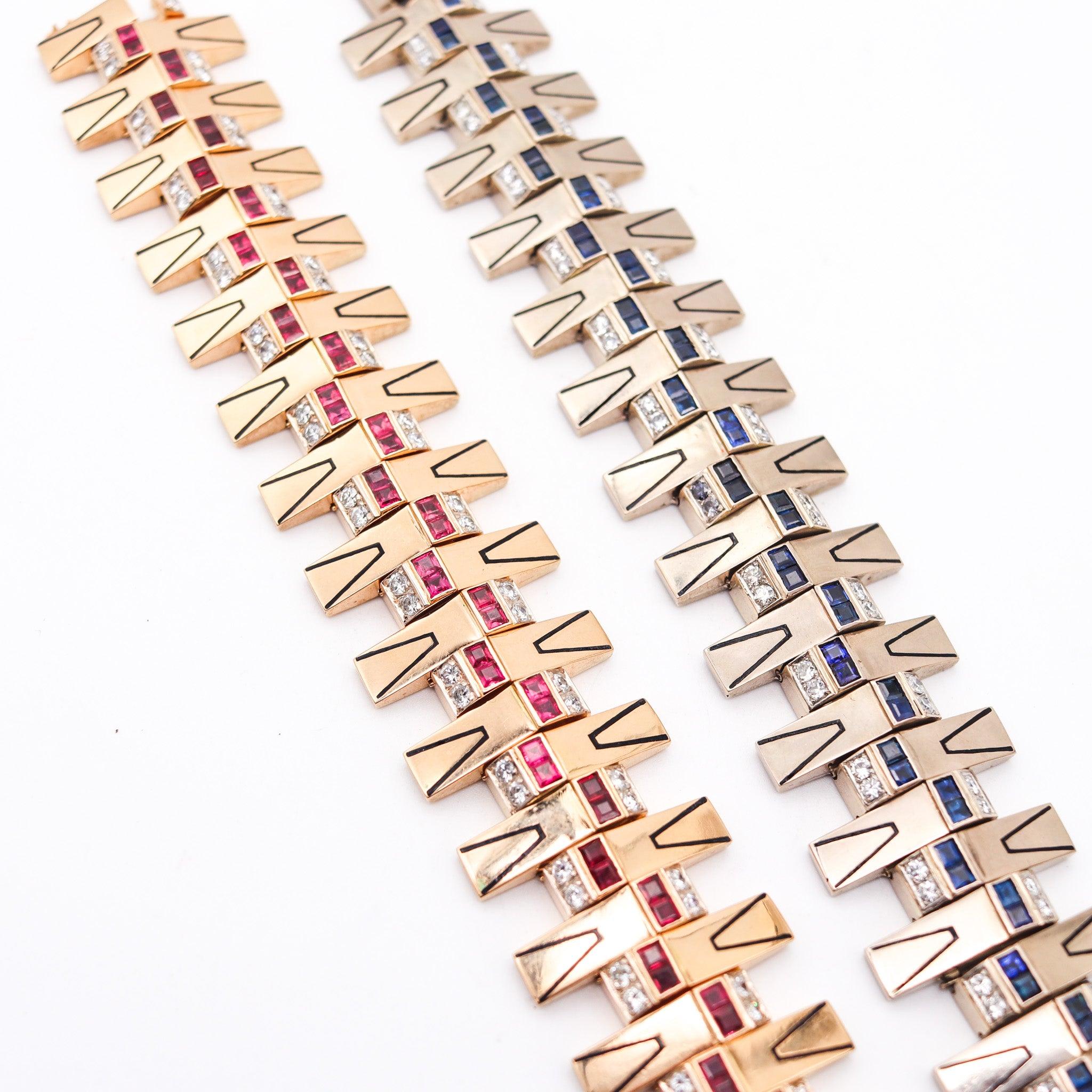 Marchak Paris 1935 Art Deco Bracciali Duo Oro 18Kt Diamanti e Zaffiri in vendita 2