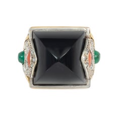 Marchak, Paris Art Deco sugarloaf onyx, coral, and emerald cocktail ring