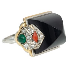 Marchak, Paris Art Deco sugarloaf onyx, coral, and emerald cocktail ring