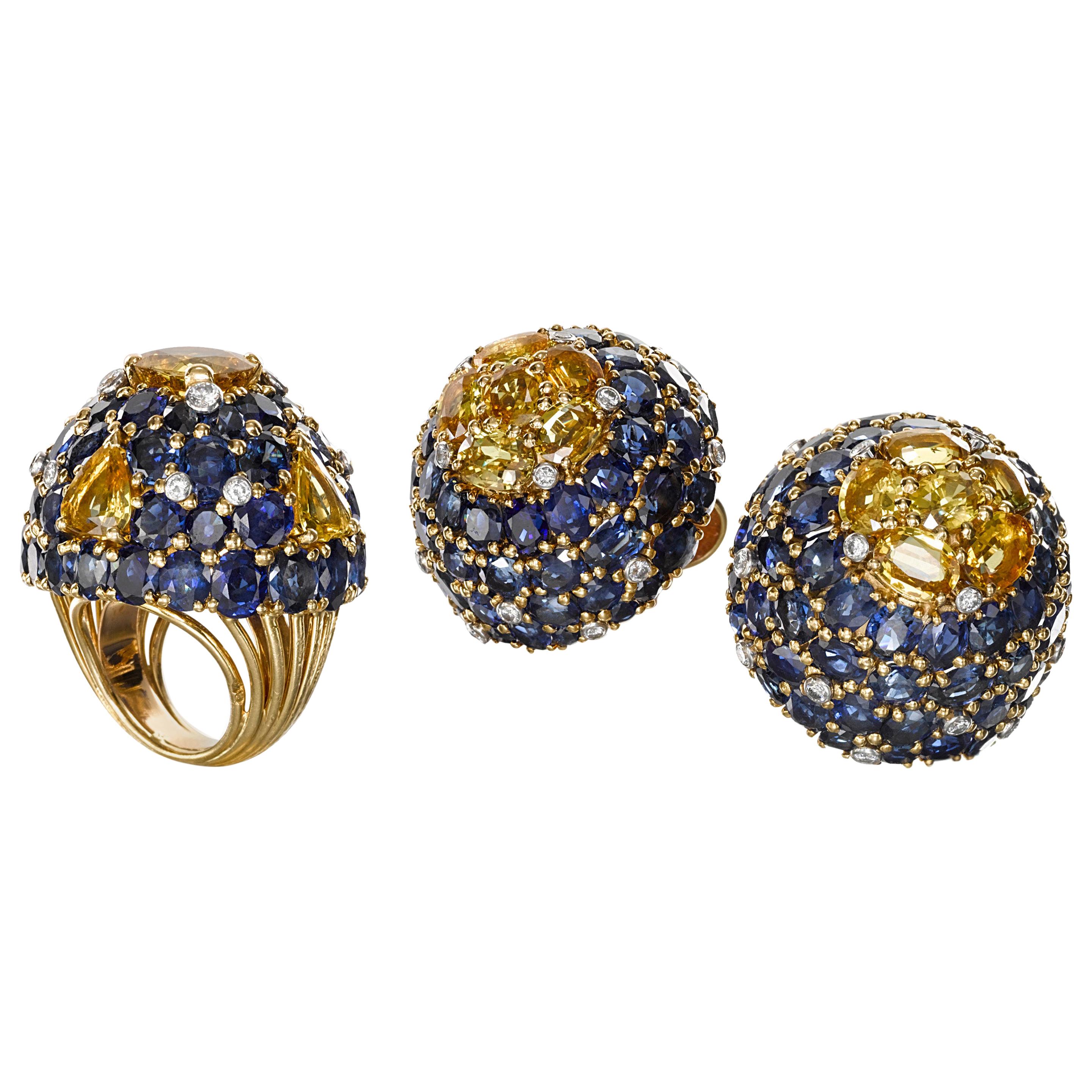 Marchak Paris Blue and Yellow Sapphire and Diamond Suite, circa 1960 For Sale