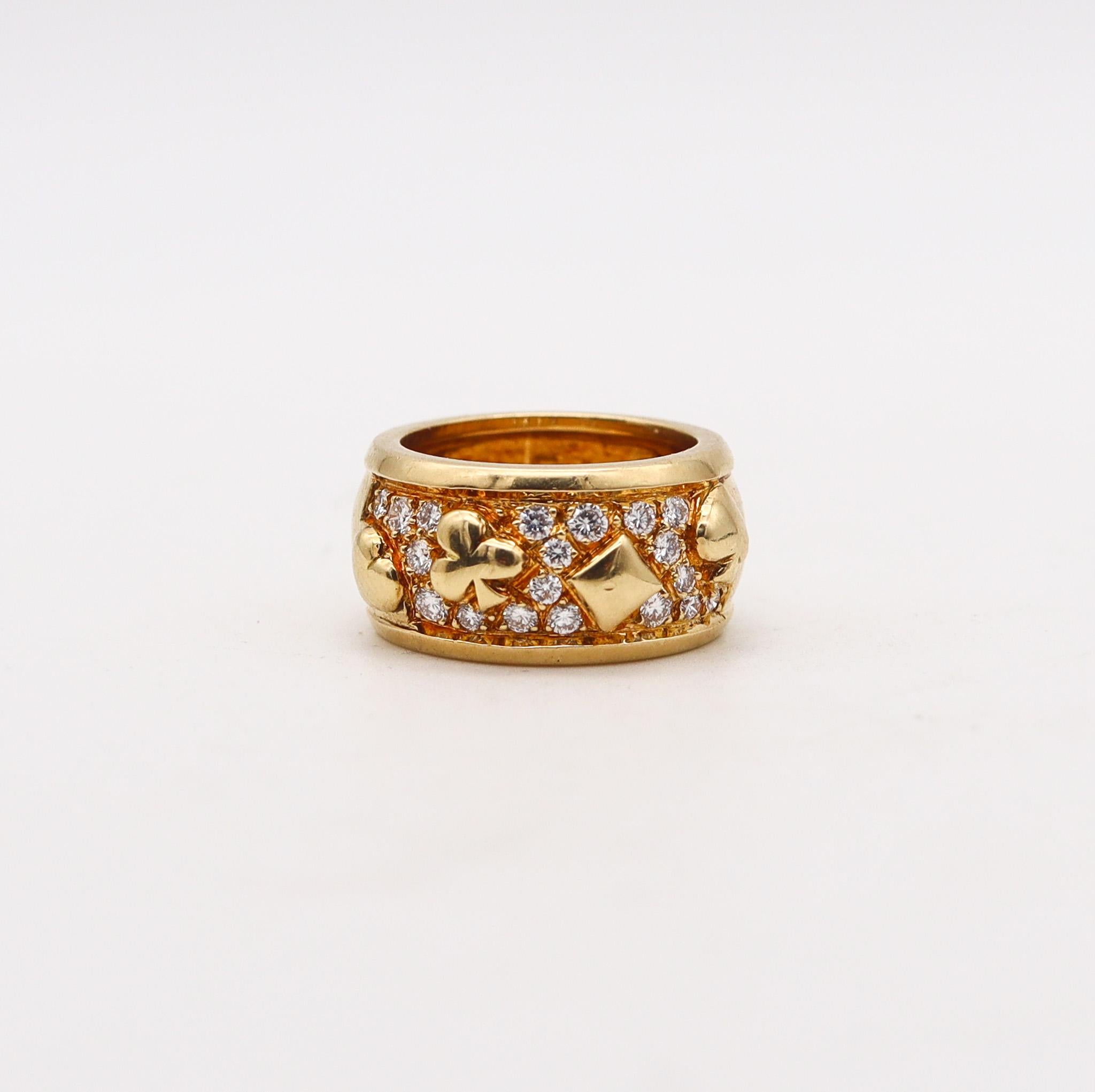 Casino ring band designed by Marchak Paris.

A beautiful ring, created in Paris France by the jewelry house of Marchak. This ring has been designed with very unusual Casino motifs, the design show the the four symbols of the deck of playing-cards.