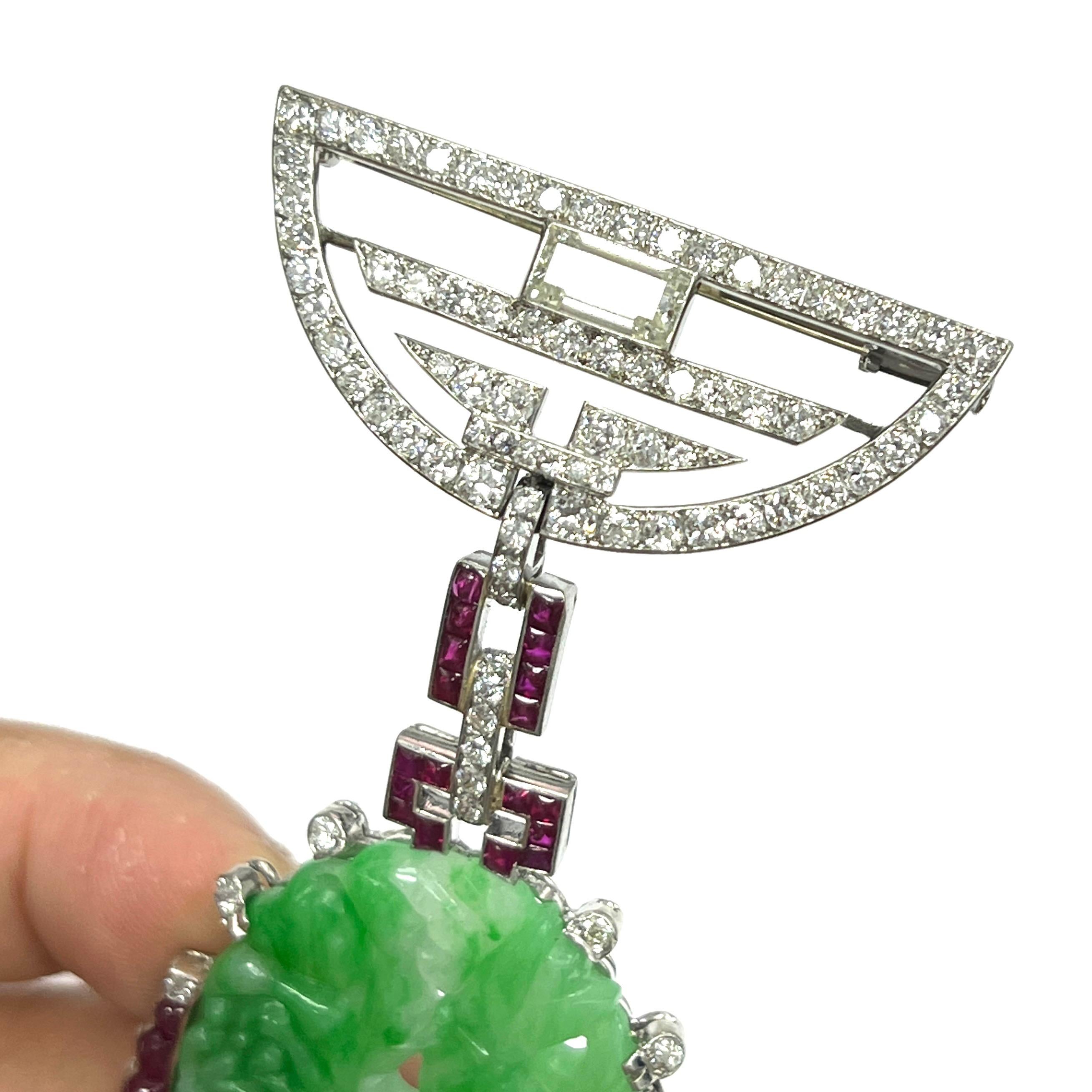 Marchak Paris Large Carved Jade Diamond Ruby Brooch In Excellent Condition In New York, NY