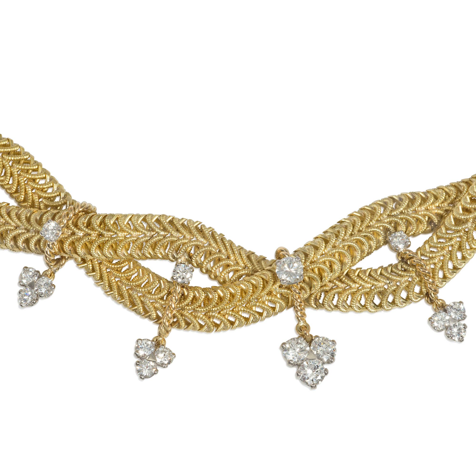 Modern Marchak, Paris Mid-Century Textured Gold Necklace with Diamond Pendants