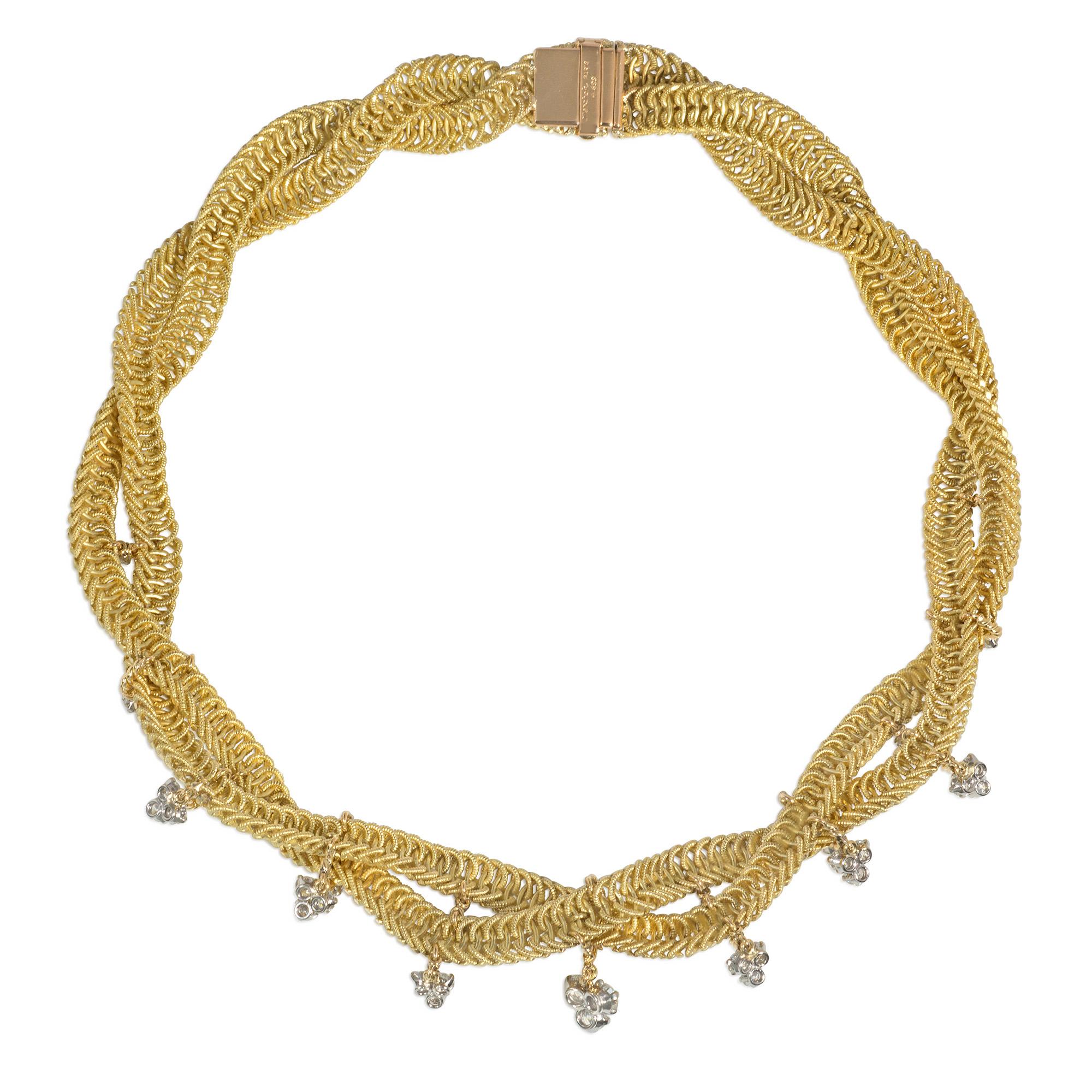 Brilliant Cut Marchak, Paris Mid-Century Textured Gold Necklace with Diamond Pendants