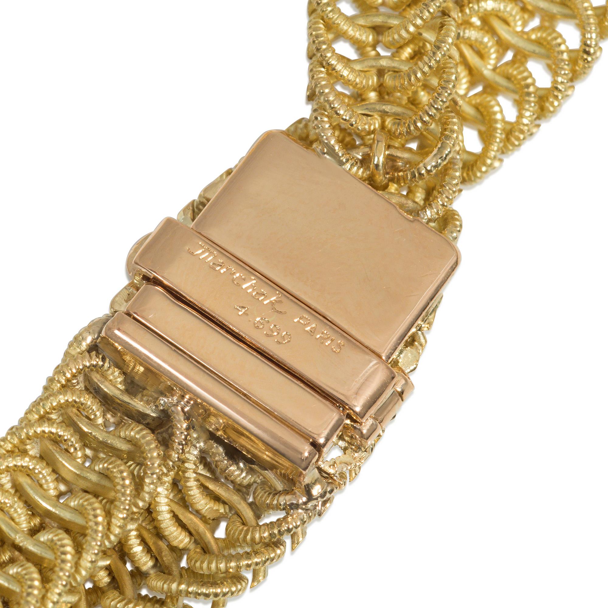 Women's or Men's Marchak, Paris Mid-Century Textured Gold Necklace with Diamond Pendants