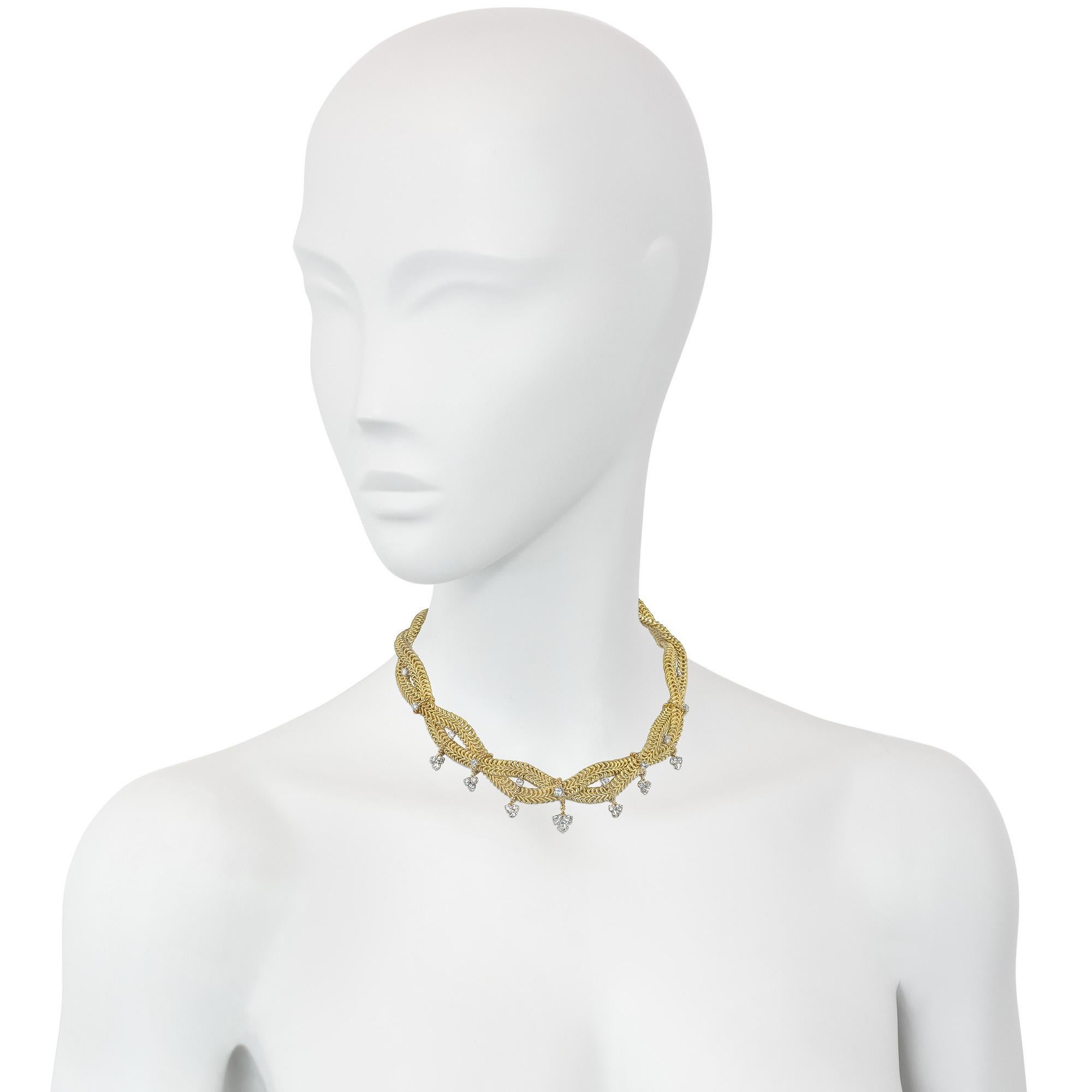Marchak, Paris Mid-Century Textured Gold Necklace with Diamond Pendants 1