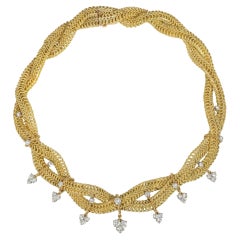Marchak, Paris Mid-Century Textured Gold Necklace with Diamond Pendants
