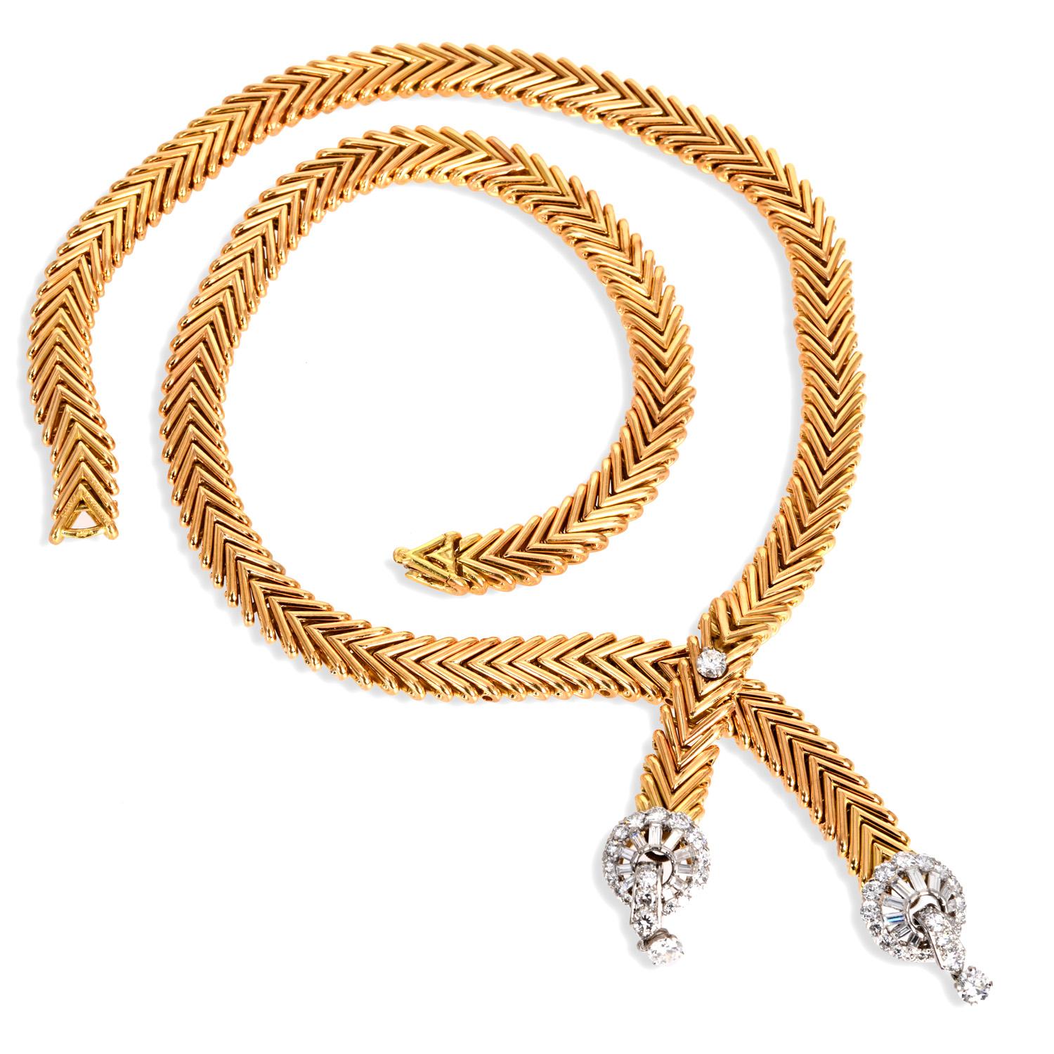 Round Cut Marchak Paris Vintage  Diamond Fancy Lariat Gold Necklace
