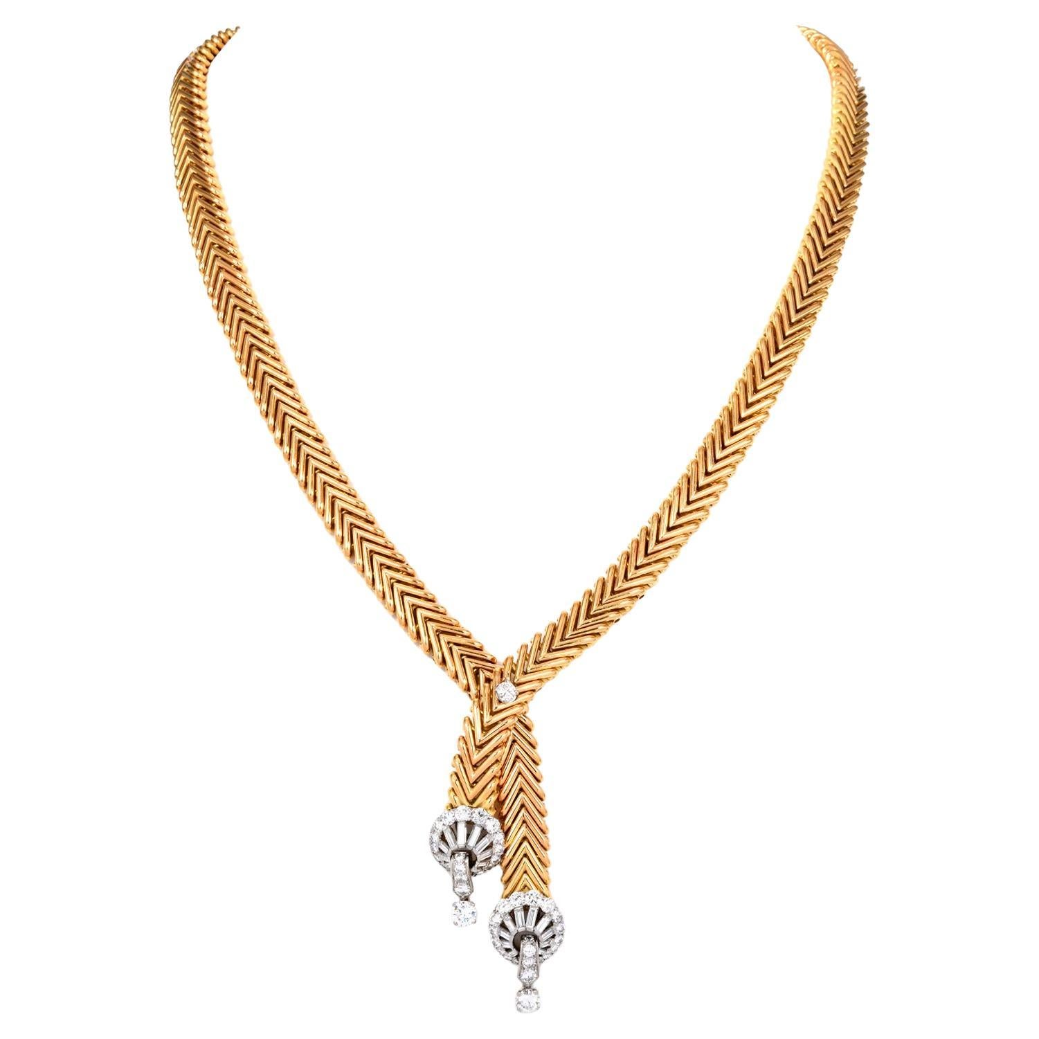 Marchak Paris Weinlese  Diamant-Halskette aus Gold mit Fancy Lariat-Diamant im Angebot
