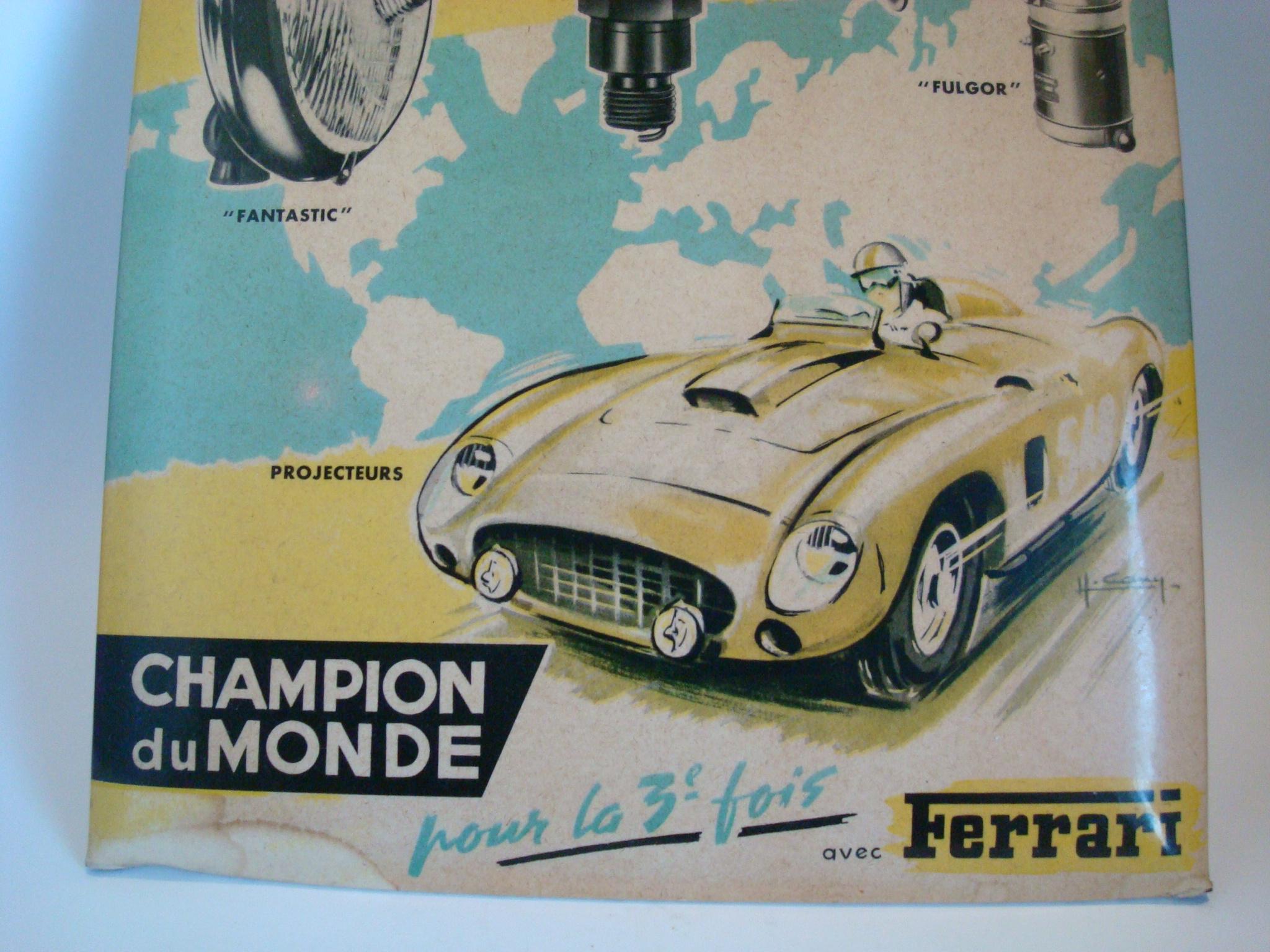 Marchal Ferrari accessory counter advertising sign, ca 1950’s, color litho celluloid over card backing.
The sign was produced when Marchal (electrical car parts including head lamps) provided Ferrari cars of accessory. Very Rare item, perfect for