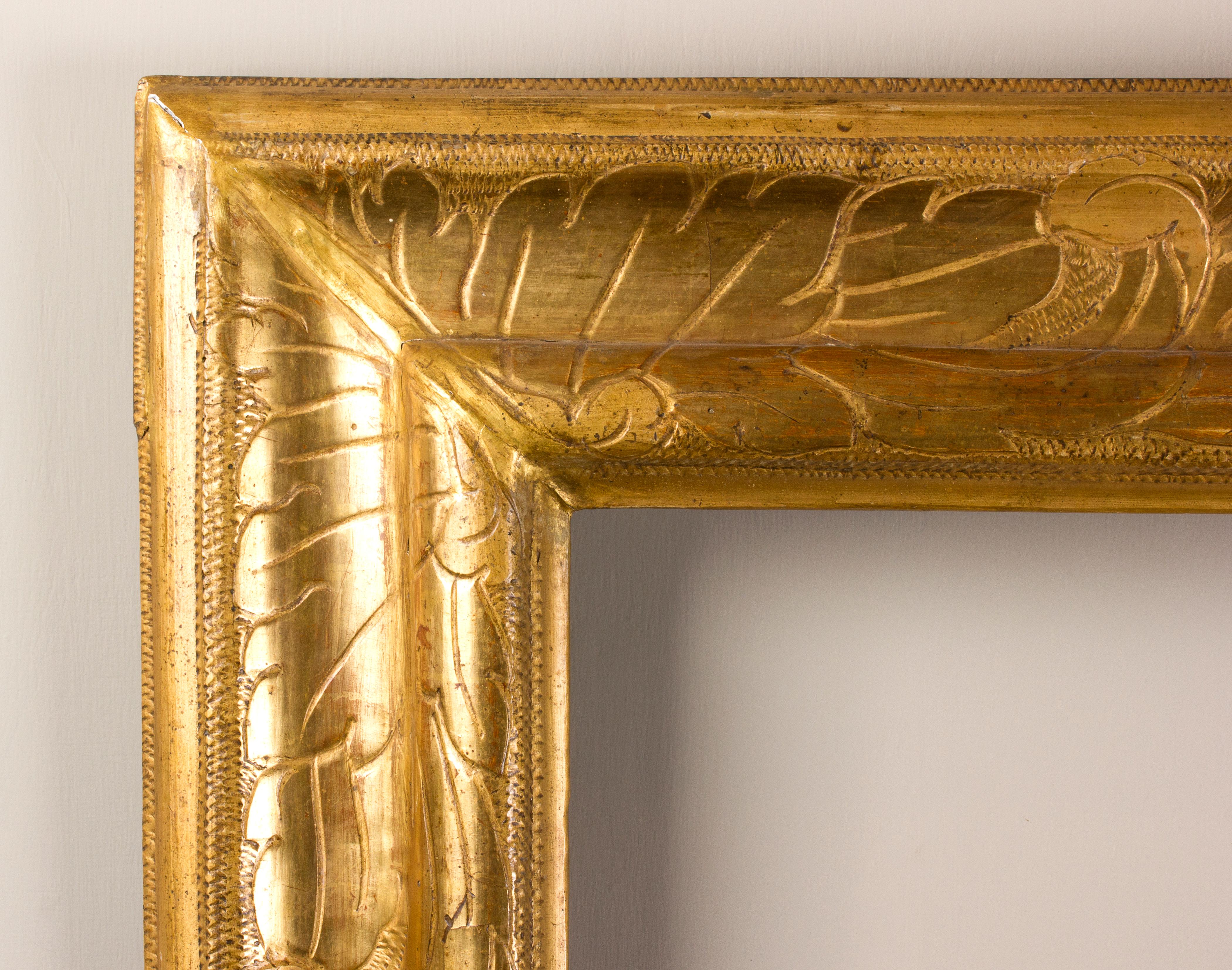 Marche frame, early 18th century
Golden wooden frame, mixtilinear profile embellished by leaf patterns.
Inside: 51.5 x 68; outside: 76 x 92.5 cm
Depth is the wide of the band.