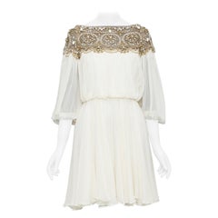 MARCHESA 2012 Pasarela seda marfil perlas adornado vestido off shoulder US4 S