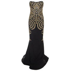 Marchesa Black Embellished Silk Slub Strapless Gown L