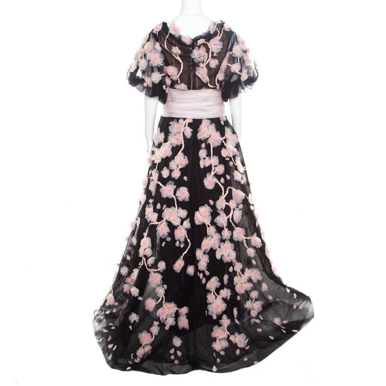Marchesa Black Floral Applique Embroidered Tulle Cherry Blossom Ball ...