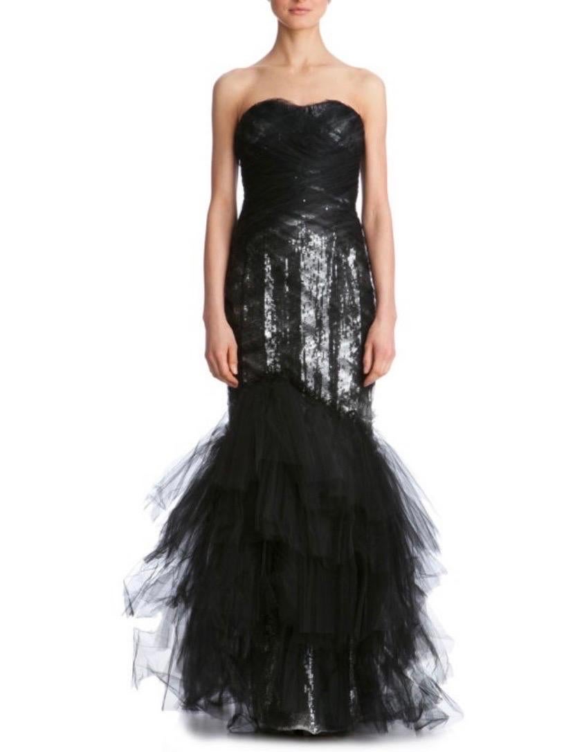 Marchesa Black Sequined Silk and Tulle Dress Gown  In Excellent Condition For Sale In Montgomery, TX