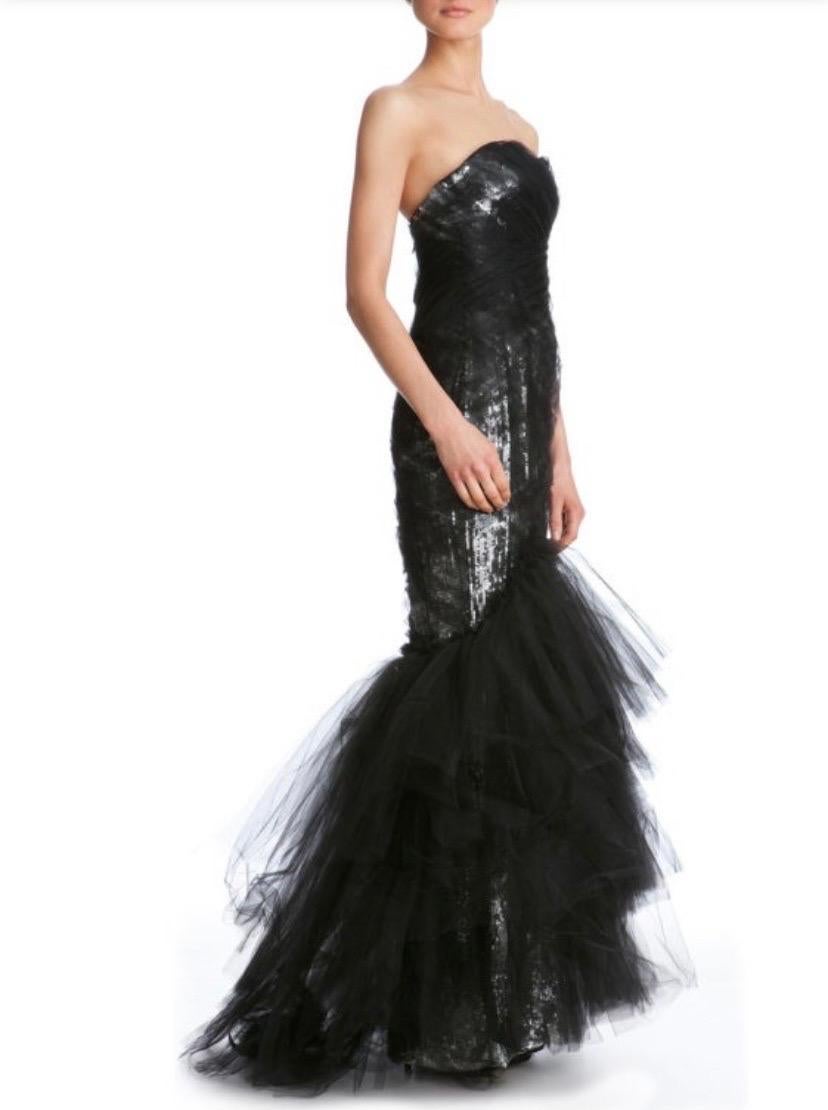 Marchesa Black Sequined Silk and Tulle Dress Gown  For Sale 1