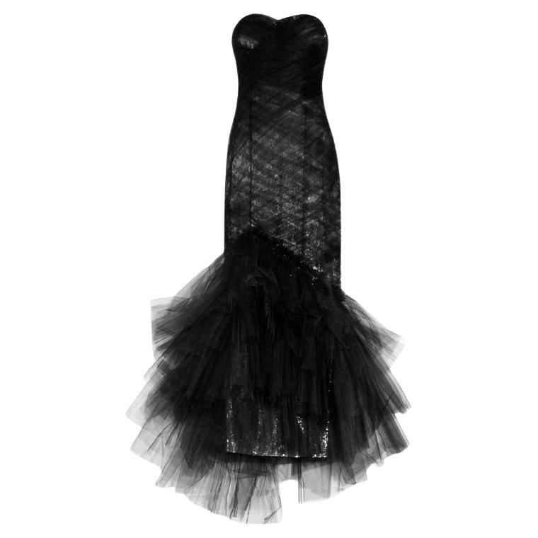 Marchesa Black Sequined Silk and Tulle Dress Gown  For Sale