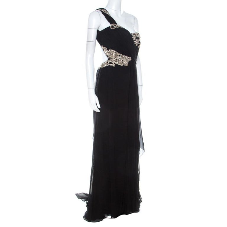 Marchesa Black Silk Embellished Bodice Evening Gown M For Sale at 1stDibs