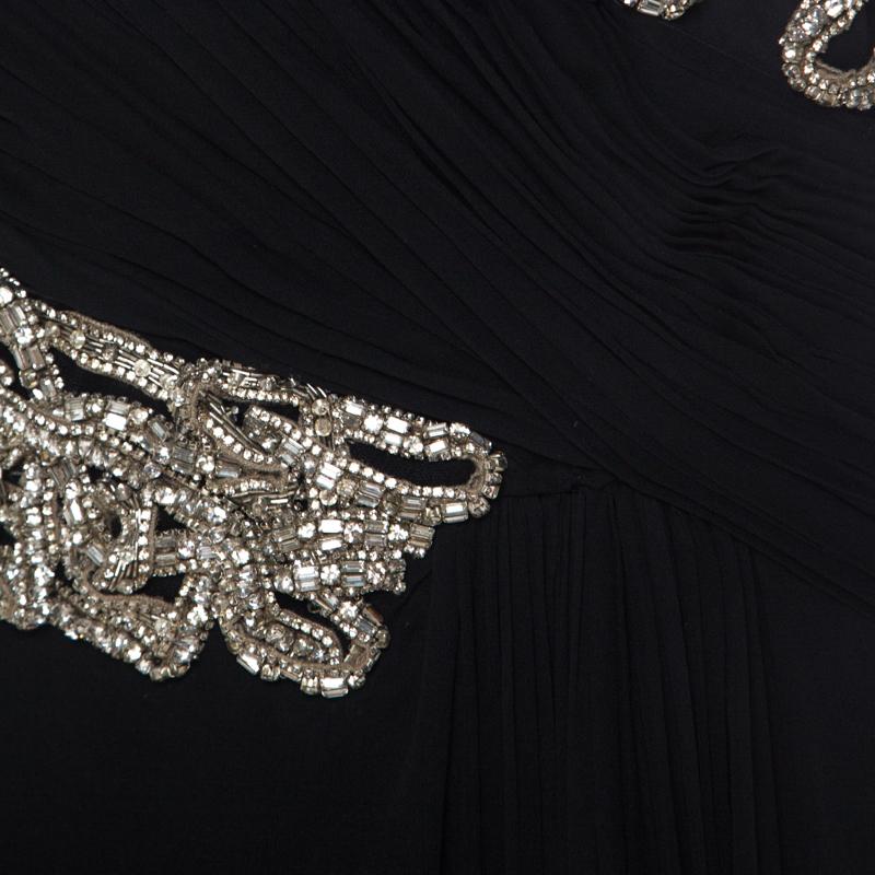Marchesa Black Silk Embellished Bodice Evening Gown M In Good Condition For Sale In Dubai, Al Qouz 2