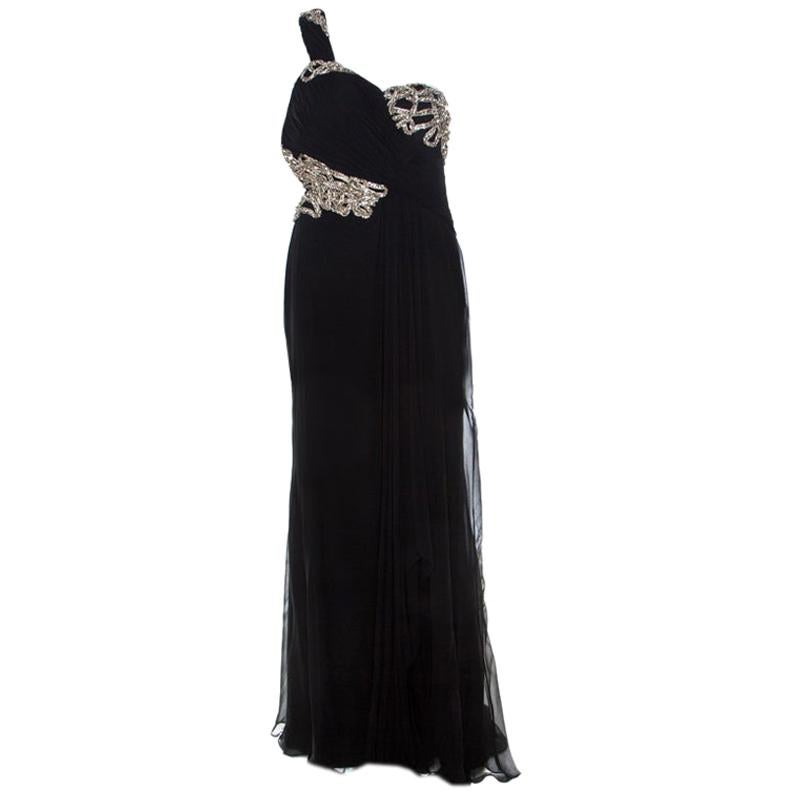 Marchesa Black Silk Embellished Bodice Evening Gown M For Sale