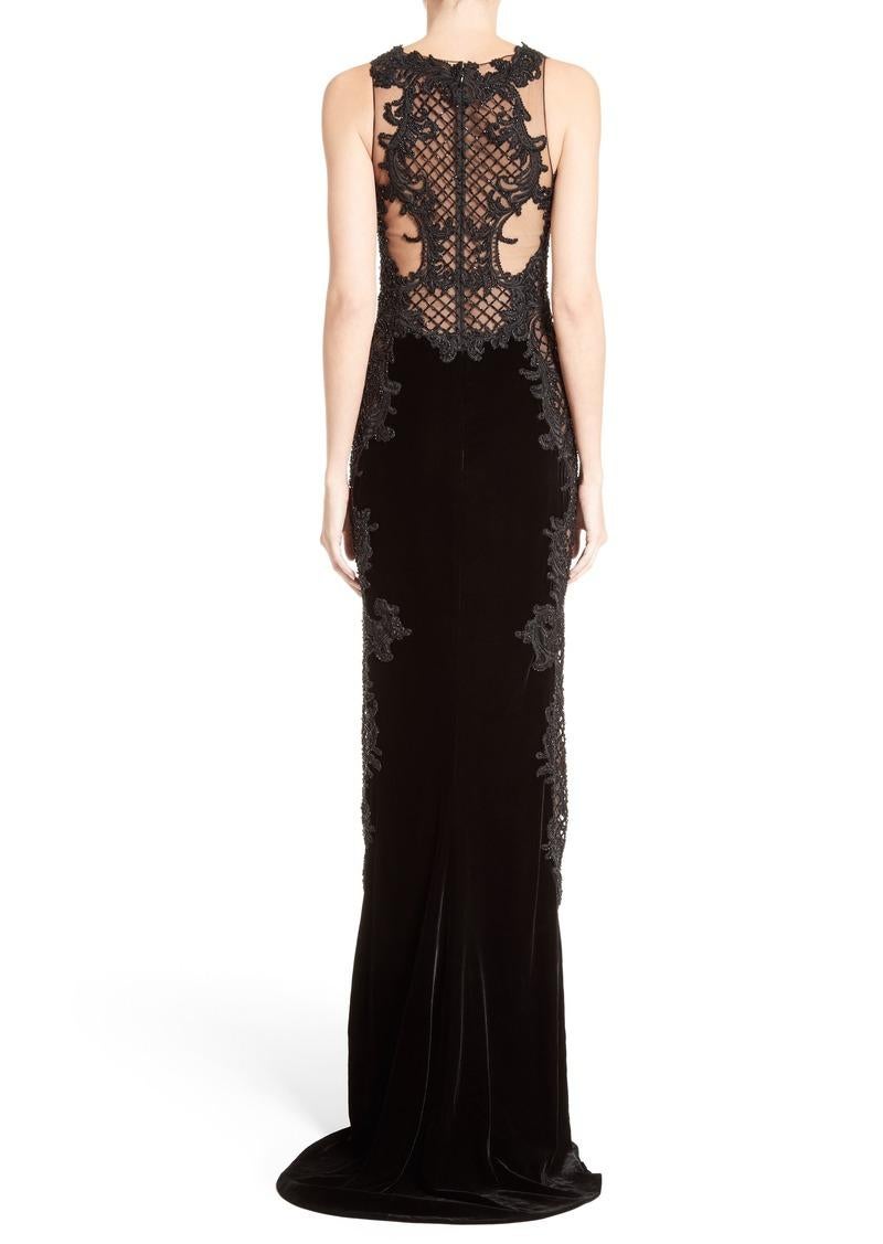 Marchesa Black Velvet Baroque Scroll Beaded Embroidered Tulle Column Dress Gown  In Excellent Condition For Sale In Montgomery, TX