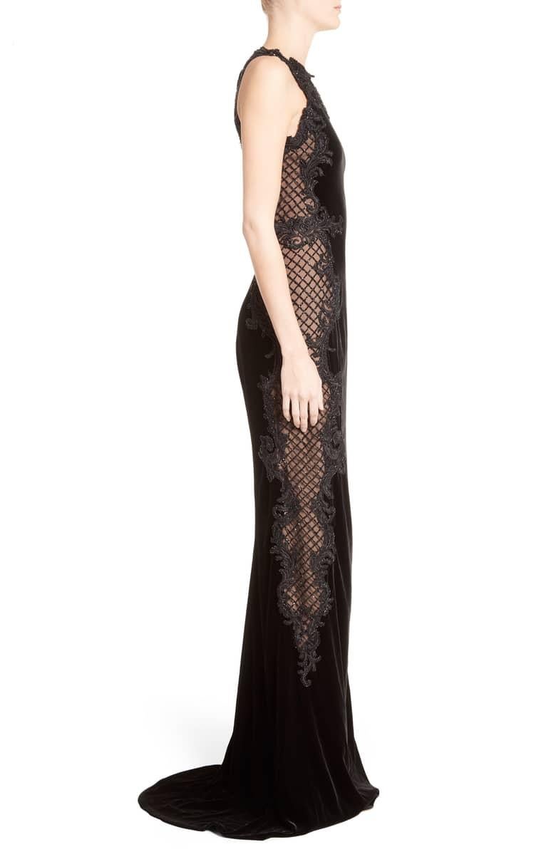 De las mujeres Marchesa Vestido Columna de Terciopelo Negro Vestido Columna de Tul Bordado con Cuentas de Pergamino Barroco de Terciopelo Negro en venta
